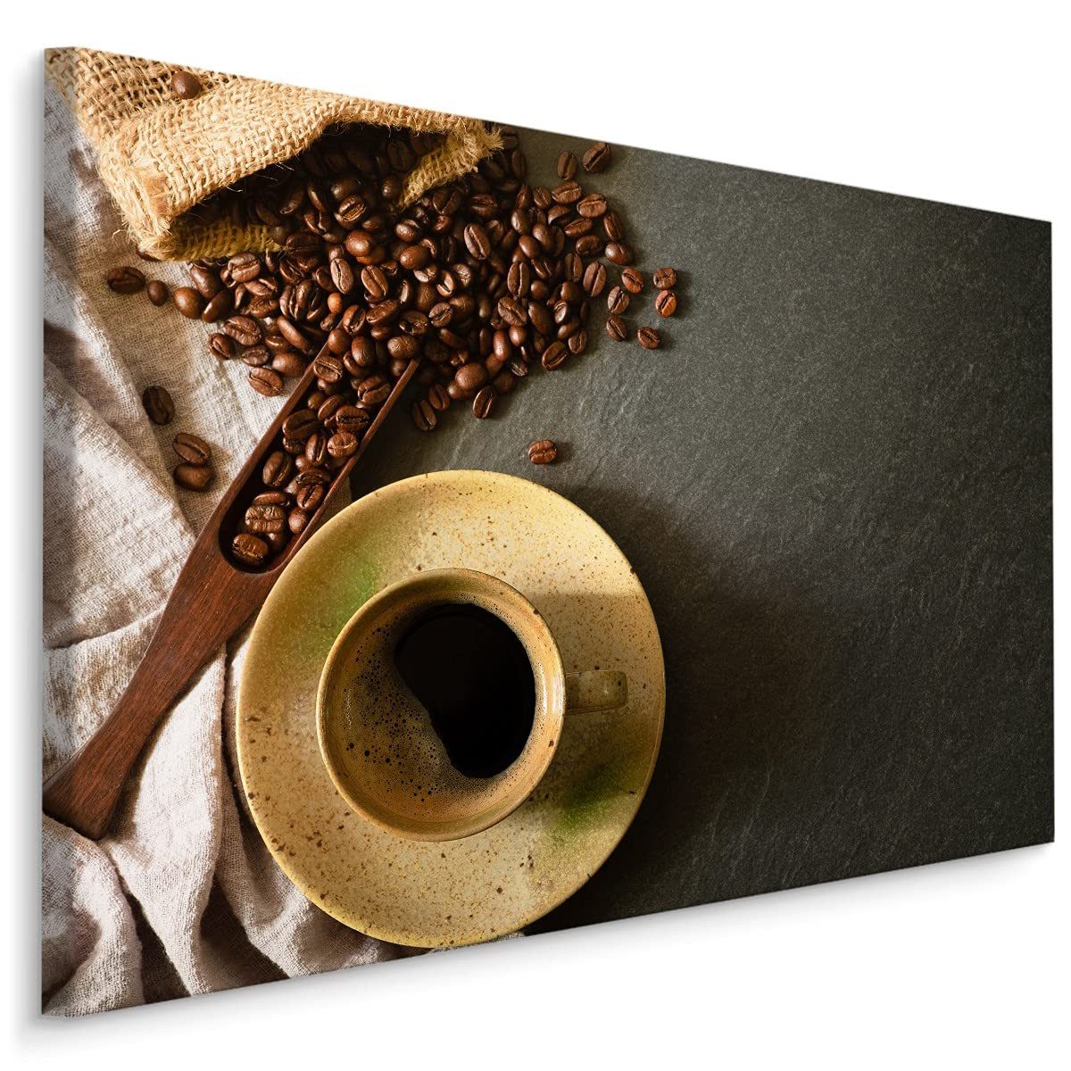 Muralo Leinwandbild Küche – Leinwandbild Wandbild Kunstdruck Wohnzimmer, Küche (1 St), Tasse – Kaffee – Bohnen, 100 x 70 cm, aufhängefertig