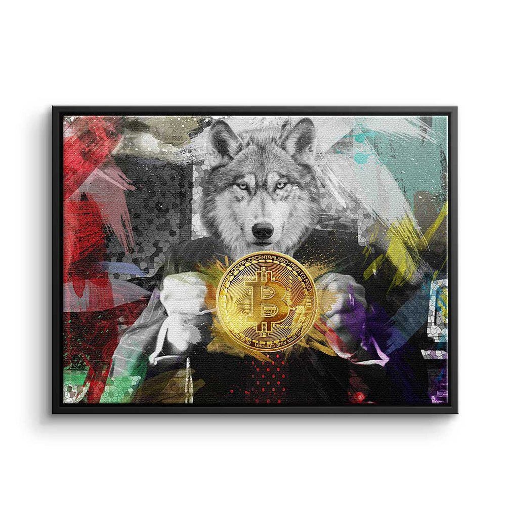 DOTCOMCANVAS® Leinwandbild Bitcoin Wolf, Premium Leinwandbild - Crypto - Bitcoin Wolf - Trading - Motivation schwarzer Rahmen