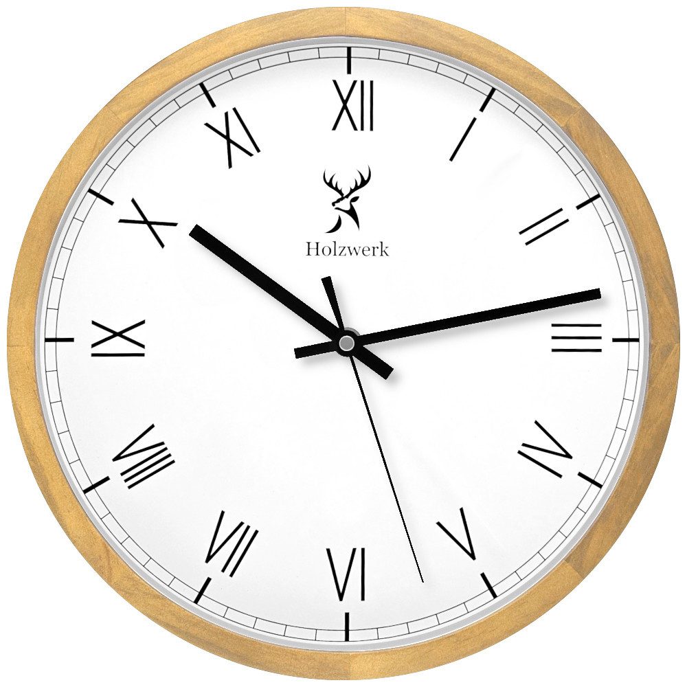 Holzwerk Wanduhr Designer Holz Wand Uhr, römische Ziffern (Nahezu lautloses Uhrwerk, analog, 30 cm)