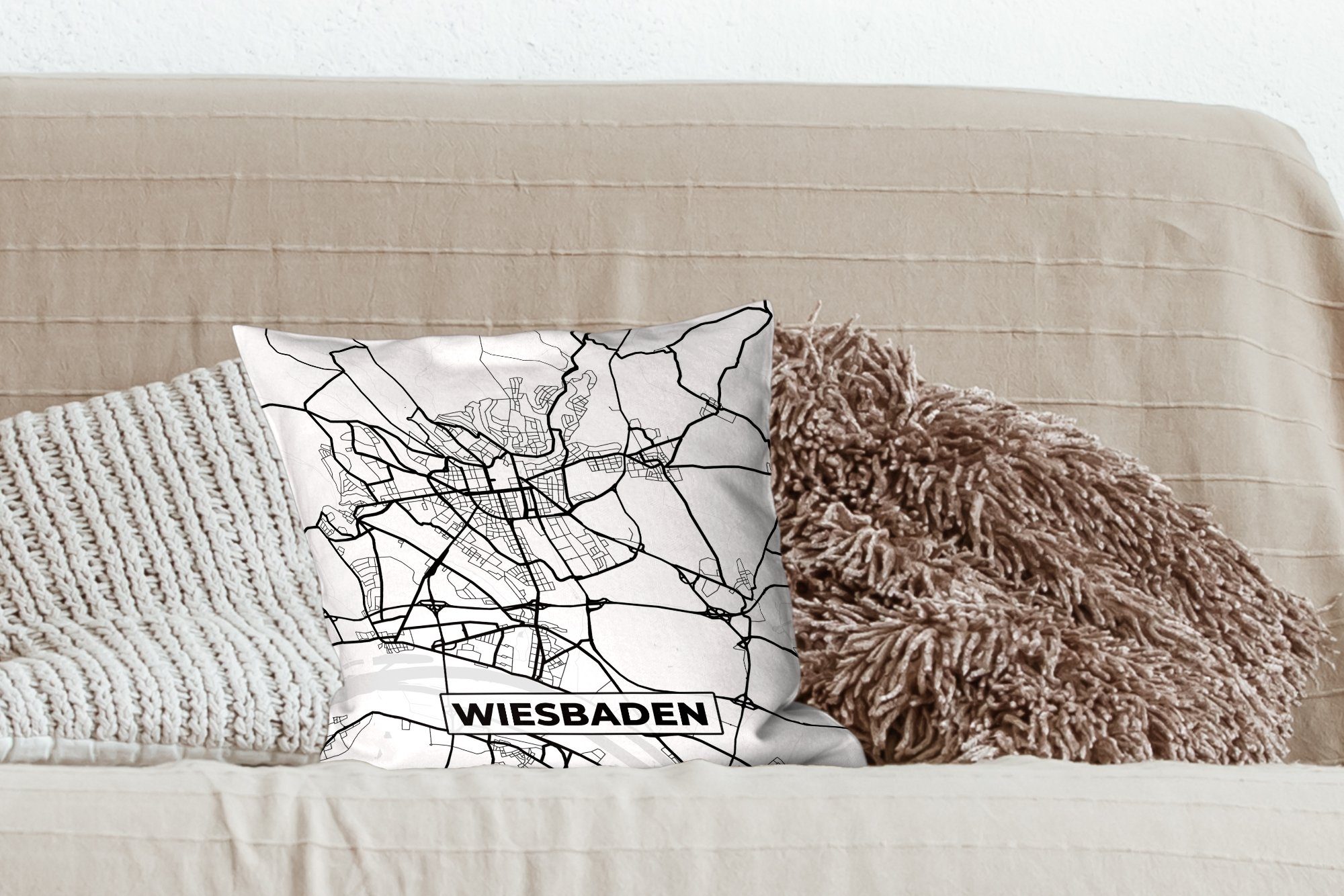 MuchoWow Deko, Stadtplan, Dekokissen für - Schlafzimmer, Wohzimmer, Zierkissen - Karte Sofakissen Wiesbaden mit Füllung