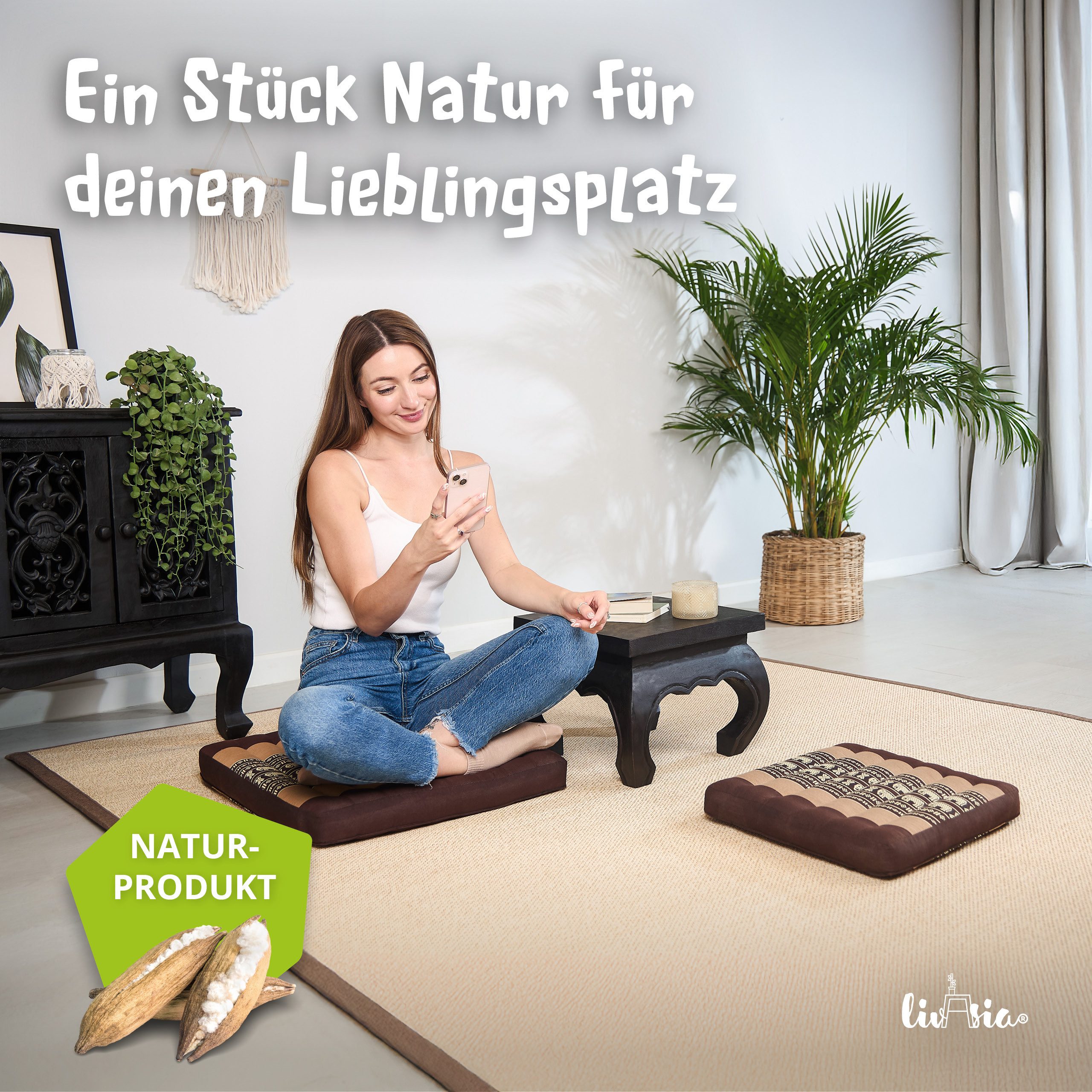 livasia Sitzkissen Sitzkissen 35 cm, vegan und handgefertigt, 35x35x6cm, Kapok