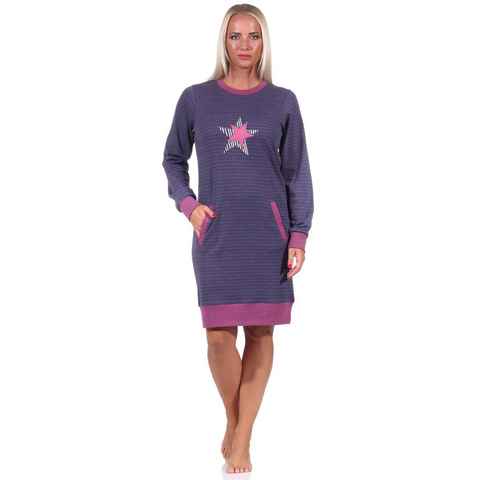 Normann Nachthemd Damen Interlock Nachthemd langarm mit Bündchen und Sternenmotiv