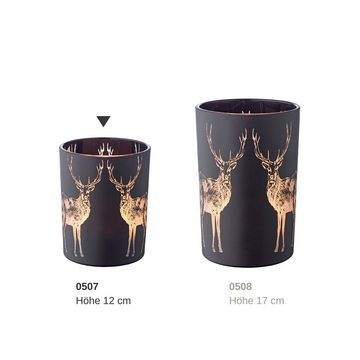 EDZARD Windlicht Tiu, Höhe 13 cm, Ø 10 cm, Kerzenglas mit Hirsch-Motiv in Gold-Optik, Teelichtglas im zeitlosen Design