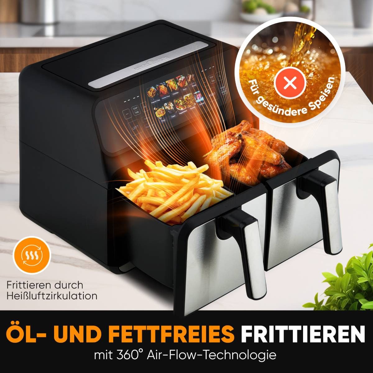 ProfiCook Heißluftfritteuse PC-FR 1287 H, Heißluftfritteuse 2 Kammern 8L, Öl- und fettfrei