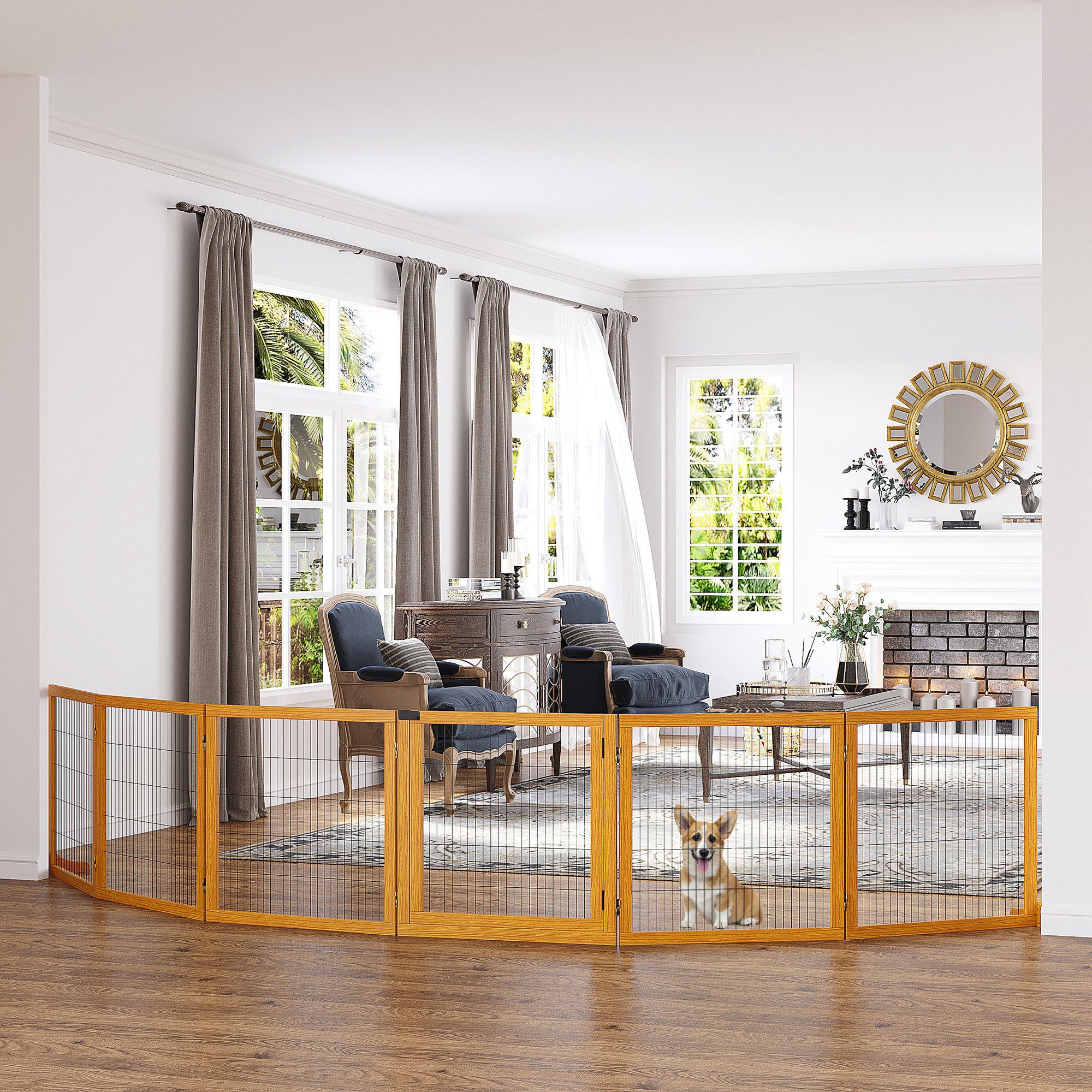 PawHut Hundegitter Freistehendes, mit Füßen, klappbares Treppenschutzgitter für Küche (Absperrgitter für Hund, 1 St., verstellbares Schutzgitter aus Holz), 432 x 70 cm, für Treppen, Türen, Flur, 6 Paneelen, Gelb