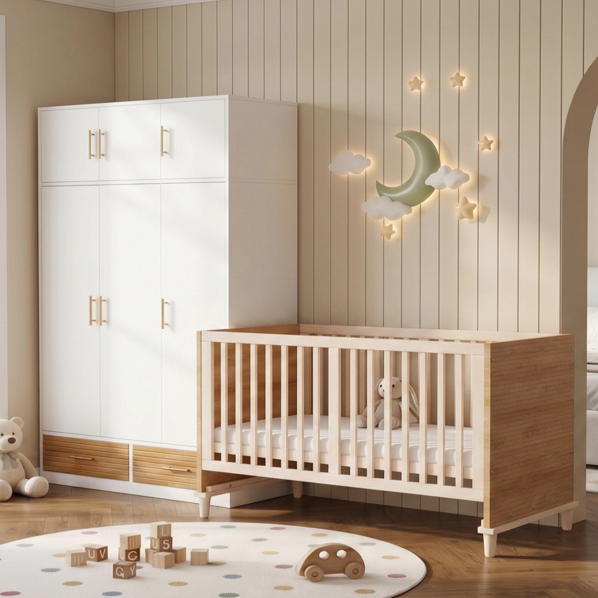 HAUSS SPOLE Babyzimmer-Komplettset Babyzimmermöbel mit Kleiderschrank und Gitterbett,Babybett,Naturholz, (Babyzimmer-Set mit Kleiderschrank und Gitterbett), Zweiteilige Babyzimmer-Kombination