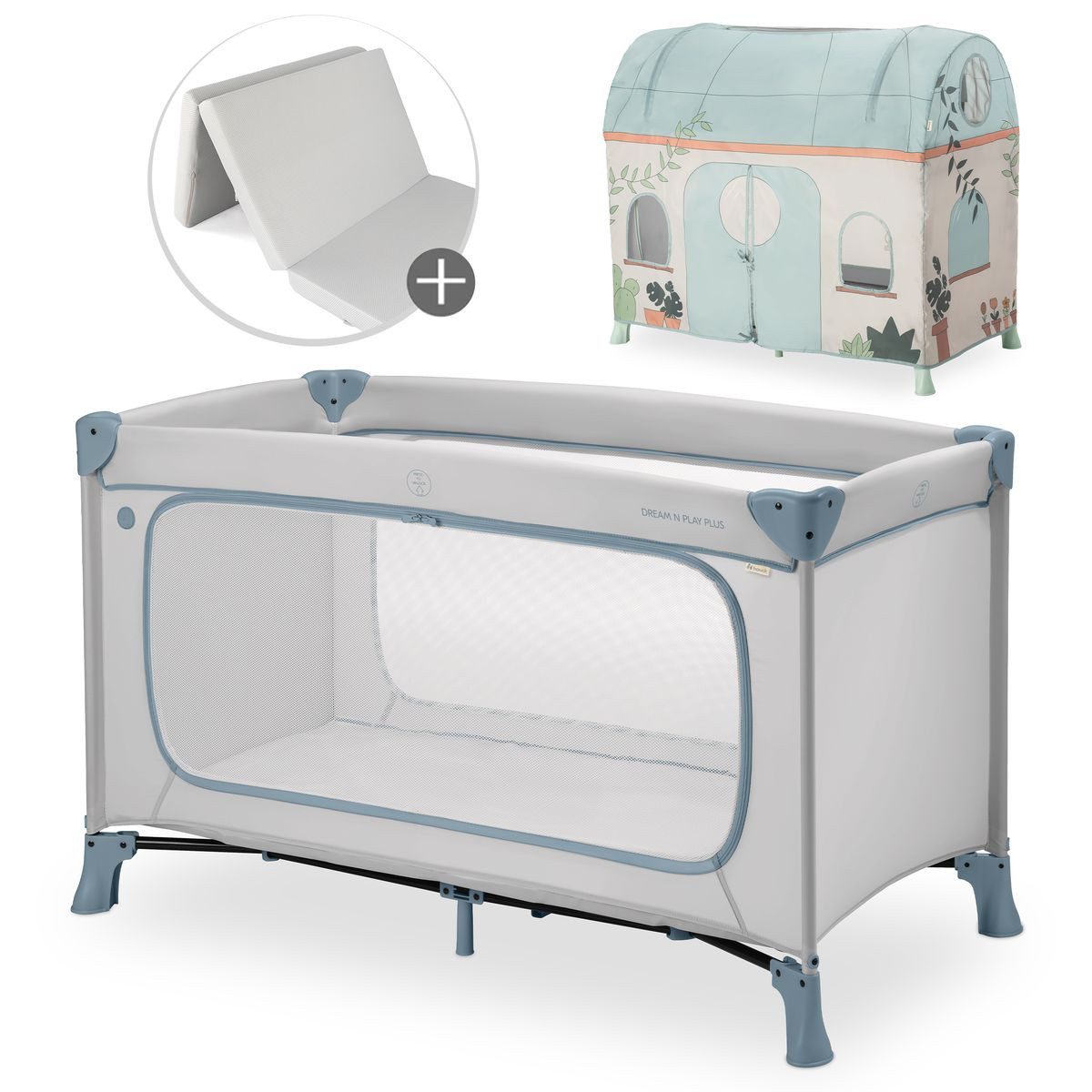Hauck Dream N Play Plus Set - Dusty Blue, Baby Kinderreisebett mit großem Eingang, Matratze & Spielzelt faltbar