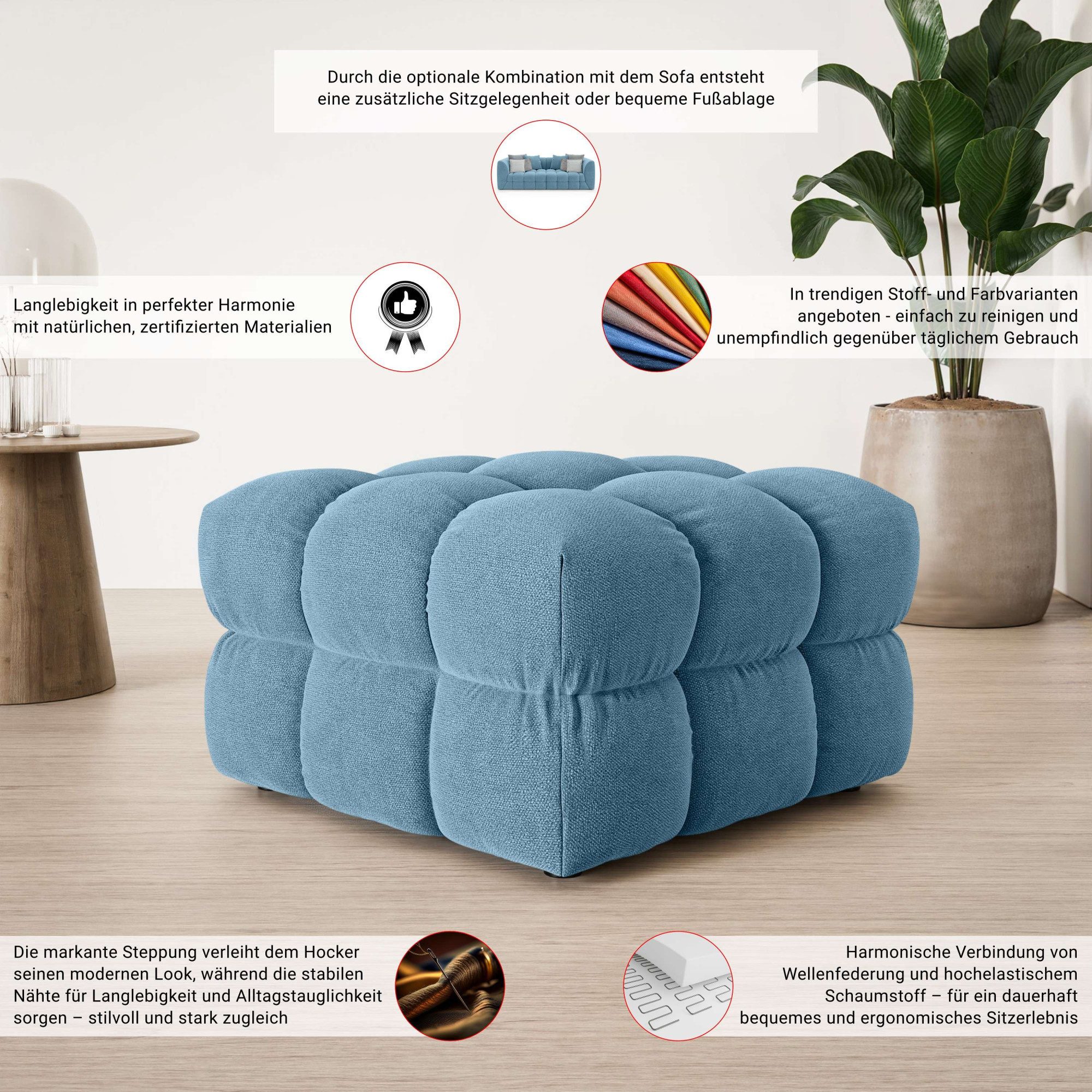 s.Oliver Polsterhocker COBBO Sitzhocker Bubble-Optik, Maße B/T/H: 80/80/48 cm, passend zum Sofa, moderne Steppung und hoher Sitzkomfort