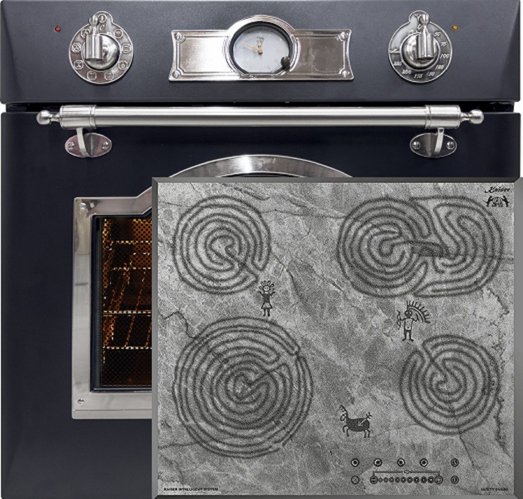 Kaiser Küchengeräte Backofen-Set EH 6355 Em Sil+KCT 6715 F Ära, mit 1-fach-Teleskopauszug, Retro Elektro Einbau Backofen Autark 60 cm+Glaskeramikkochfeld 60 cm