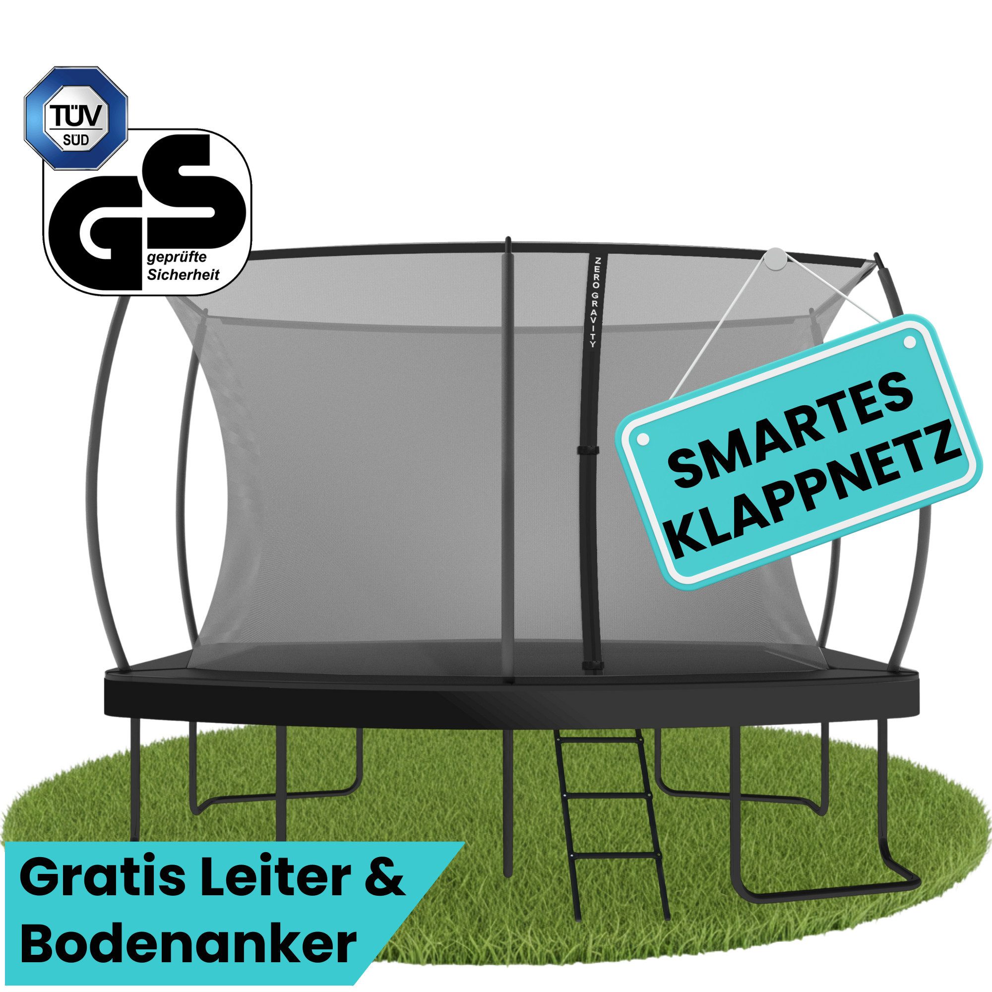 Zero Gravity Gartentrampolin Trampolin Outdoor oval/rechteckig, TÜV GS, 305x213, 366x244, 457x366, Trampolin Komplett-Set inkl. Leiter, Quick-Fold-Netzsystem
