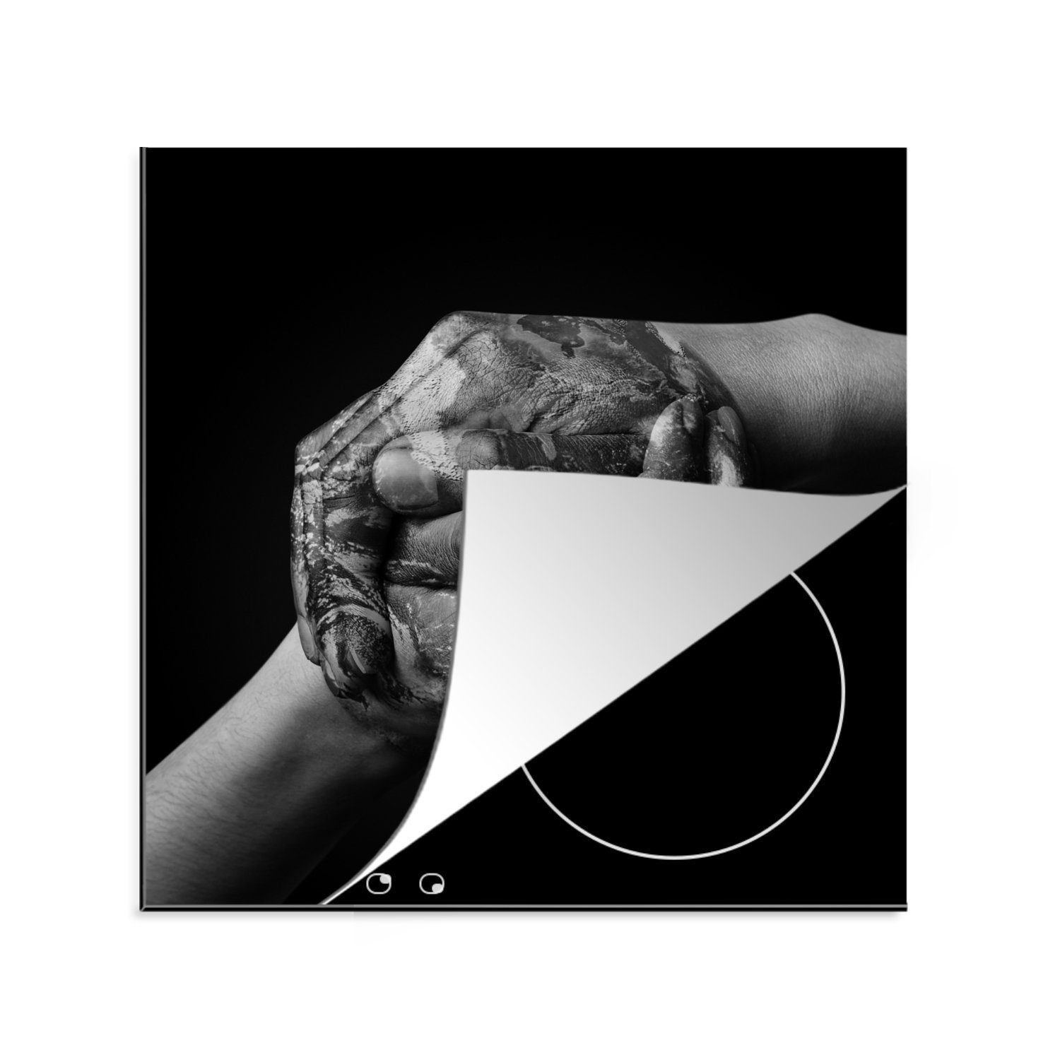 MuchoWow Herdblende-/Abdeckplatte Erde - Hand - Schwarz - Weiß, Vinyl, (1 tlg), 78x78 cm, Ceranfeldabdeckung, Arbeitsplatte für küche