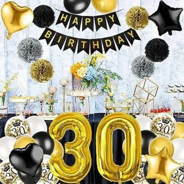 Montegoni Aufblasbares Partyzubehör 30 Geburtstag Deko Set Schwarz Gold, 20 Teilig Set: Girlande, Zahlen, Stern, Konfetti, Latex Ballons