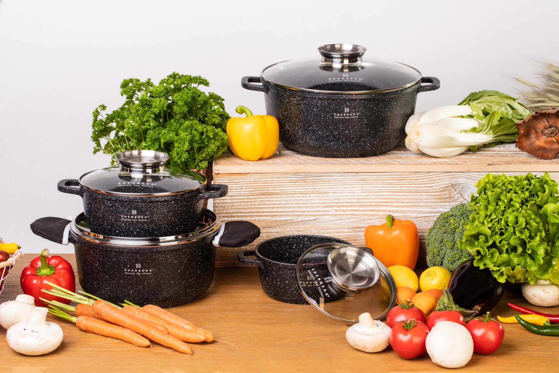 Edenberg Topf-Set Exklusive 12-teilige Töpfe - die perfekte Kombination von Stil, Aluminiumguss, Aluminium, Edelstahl, Keramik (Multifunktional, geeignet zum Kochen, Braten und Backen!, 12-tlg., Es ist eine perfekte Geschenkidee für jeden Anlass), Innovative Aroma Knob-Griffe