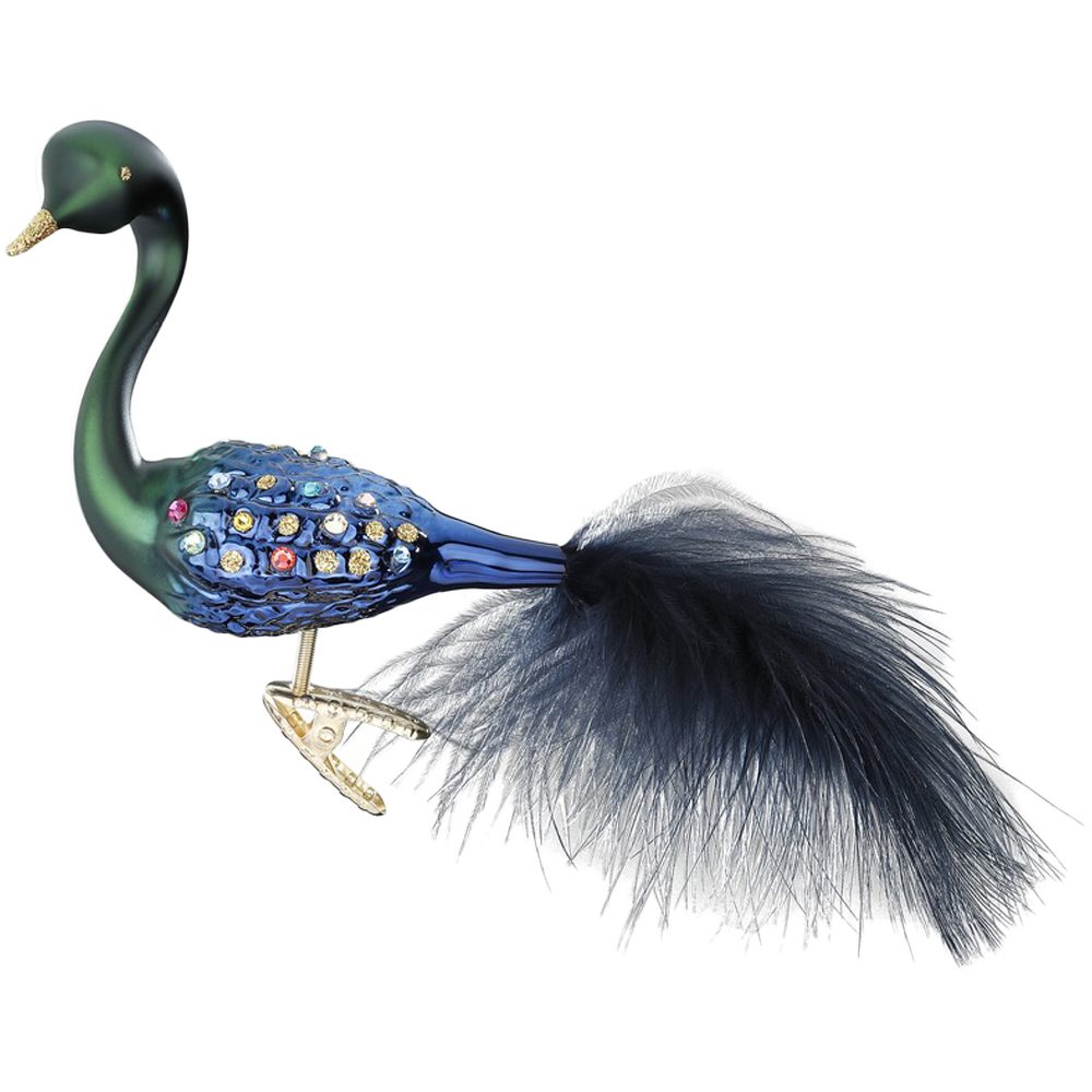 INGE-GLAS® Christbaumschmuck Funkelnder Pfau 9cm Vogel (1-tlg), mundgeblasen, handbemalt