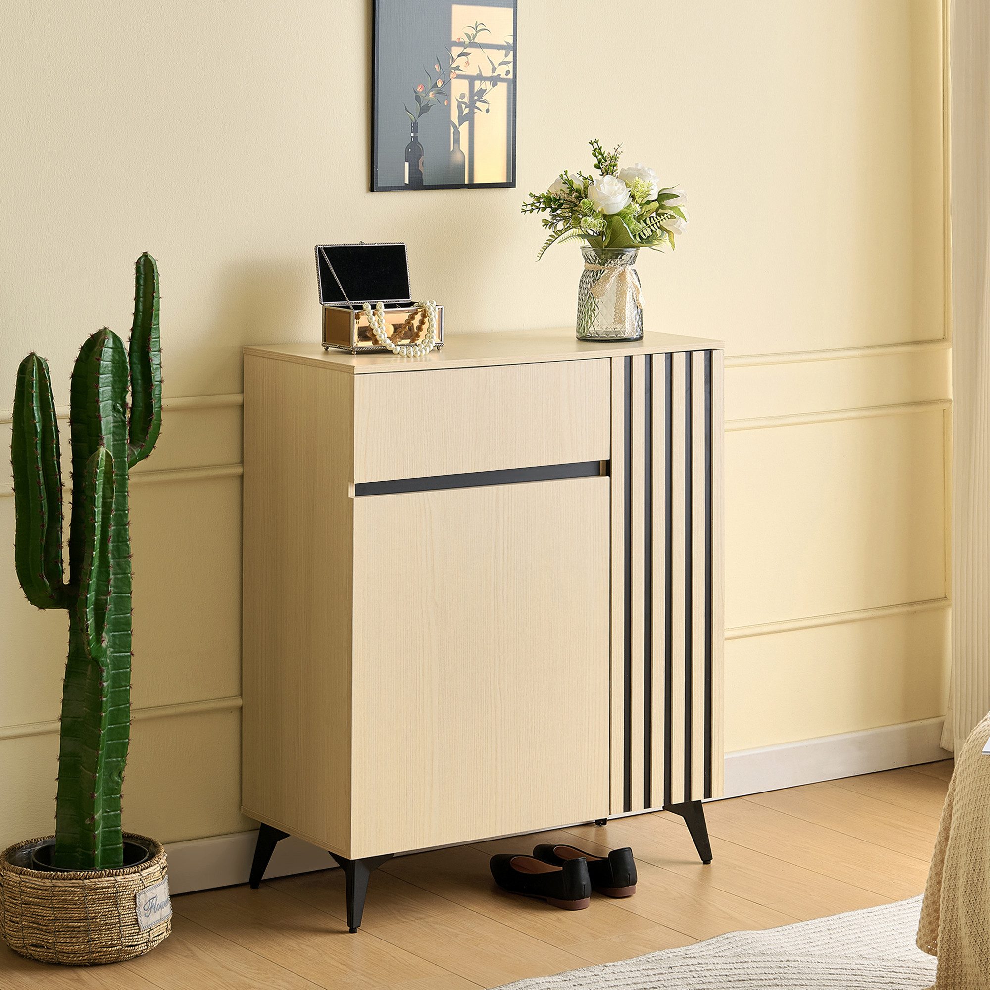 Merax Sideboard mit 2 Türen und 1 Schublade (75 L x 35 B x 90 H, 1 St., Holzoptik mit schwarzen Akzenten), Schuhschrank mit verstellbare Regalböden und Metallfüße