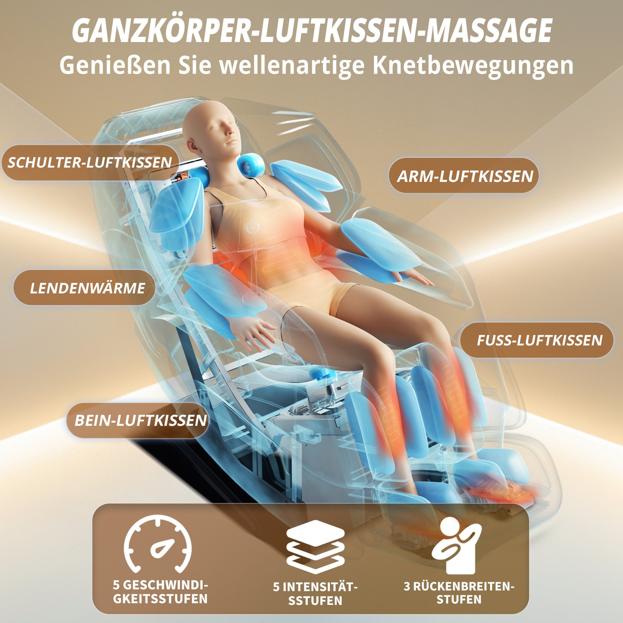 HealthRelife Massagesessel Luxuriöser Entspannungsstuhl, 15 Massage-Modi, Yoga-Stretching (1-St), 55 Zoll SL-Track