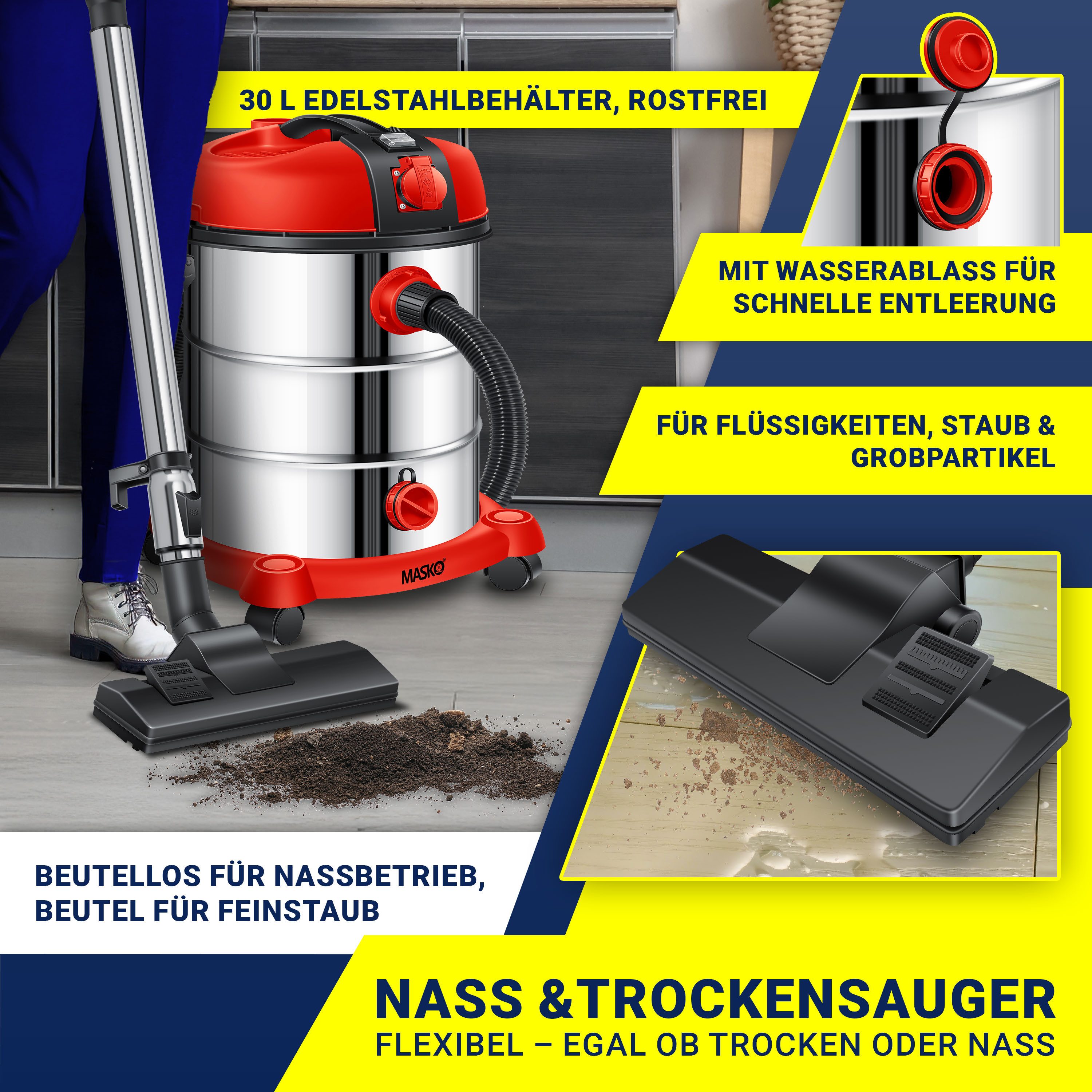 MASKO Industriesauger, 2300 W, Industriestaubsauger Staubsauger Nass Trocken Sauger Edelstahl