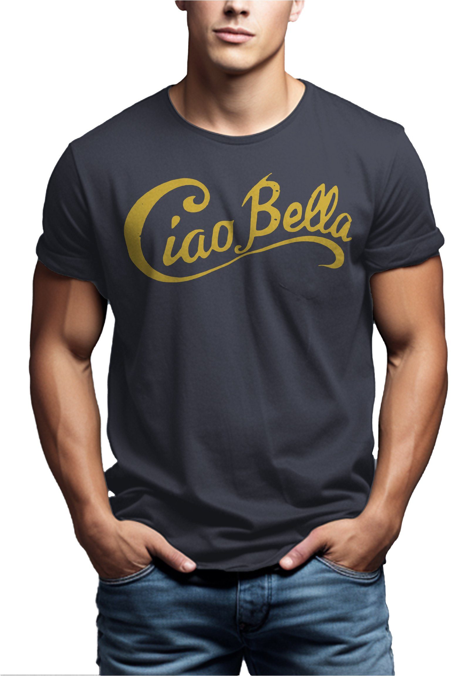 Motiv Blaugrau Mode Spruch Herren Ciao Bella Italien Print-Shirt MAKAYA Italienischer Coole Style Logo,