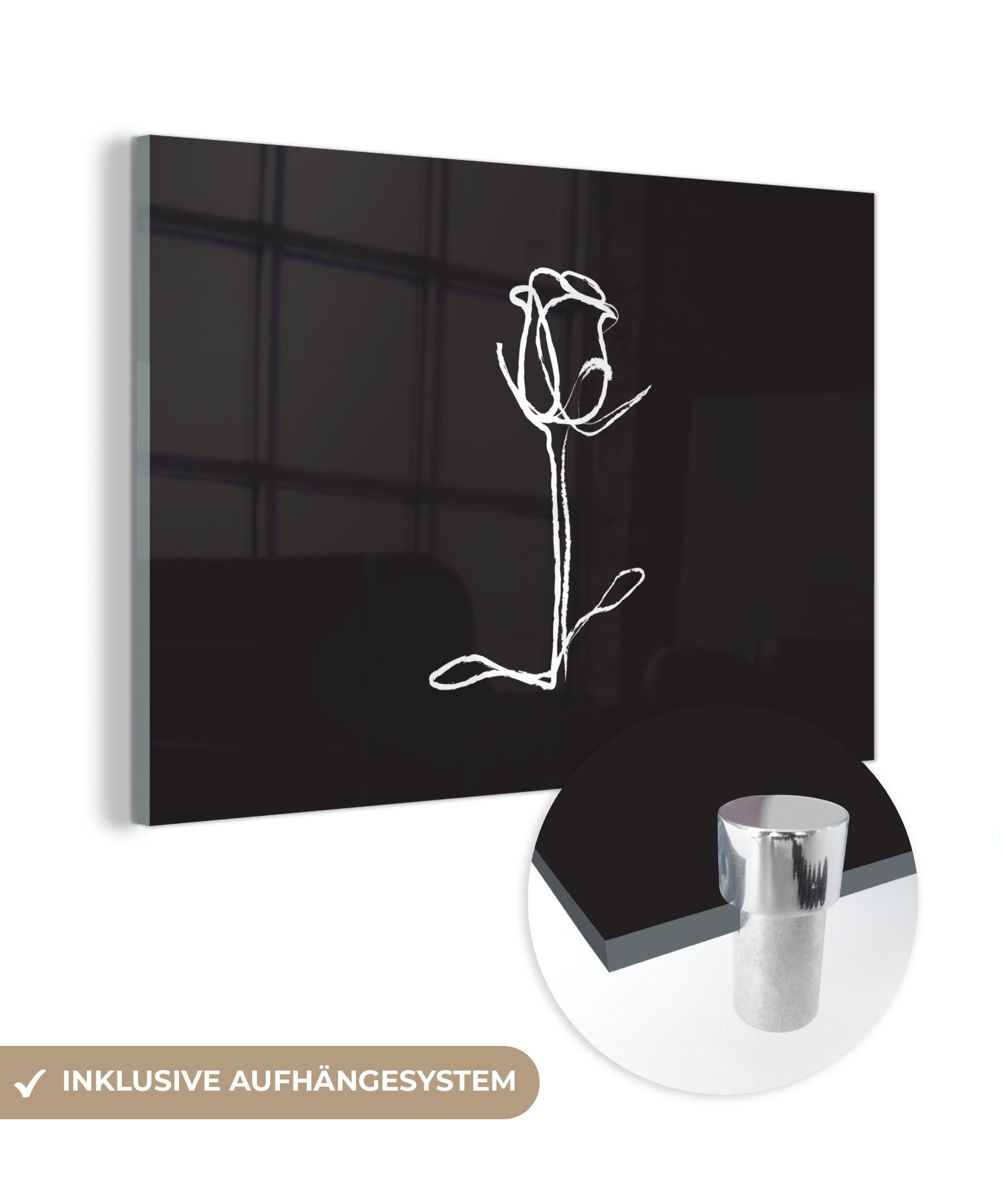 MuchoWow Acrylglasbild Blumen - Rosen - Strichzeichnungen, (1 St), Acrylglasbilder Wohnzimmer & Schlafzimmer