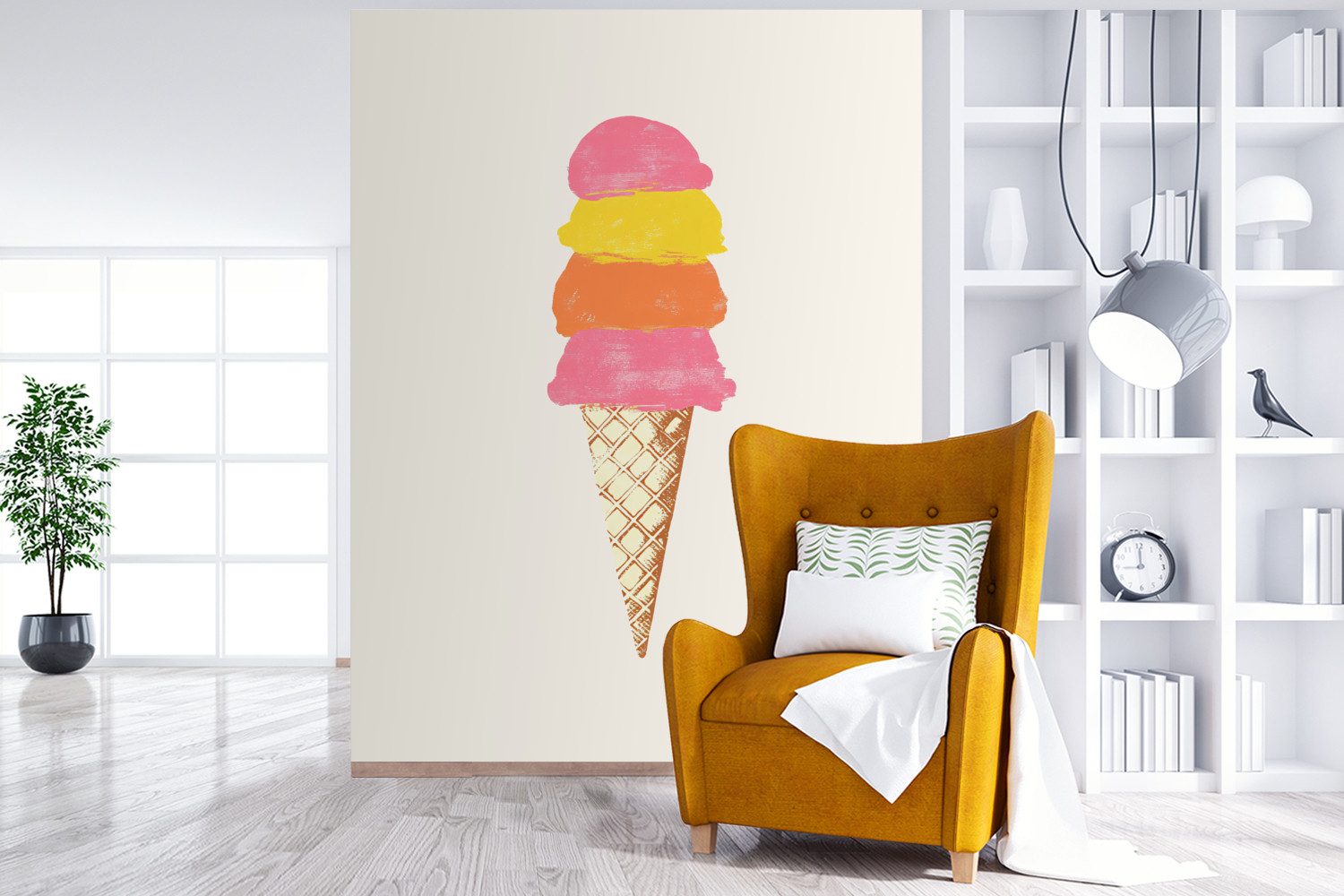 MuchoWow Fototapete Schaufel Eiscreme - Hörner - Illustration - Minimalistisch, Matt, bedruckt, Wallpaper für Wohnzimmer, Schlafzimmer, Vinyl Tapete, 165x220 cm