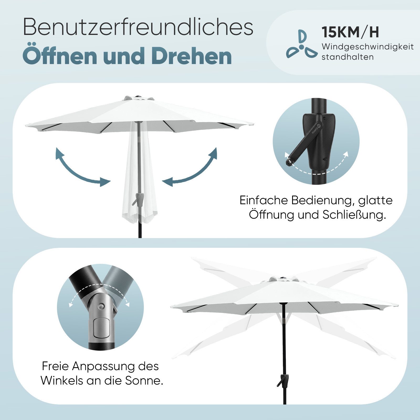 Sekey Sonnenschirm 3 x 3 m Aluminium Gartenschirm mit Kurbel, LxB: 300,00x300 cm, UV-Schutz 50+, für Balkon, Garten & Terrasse