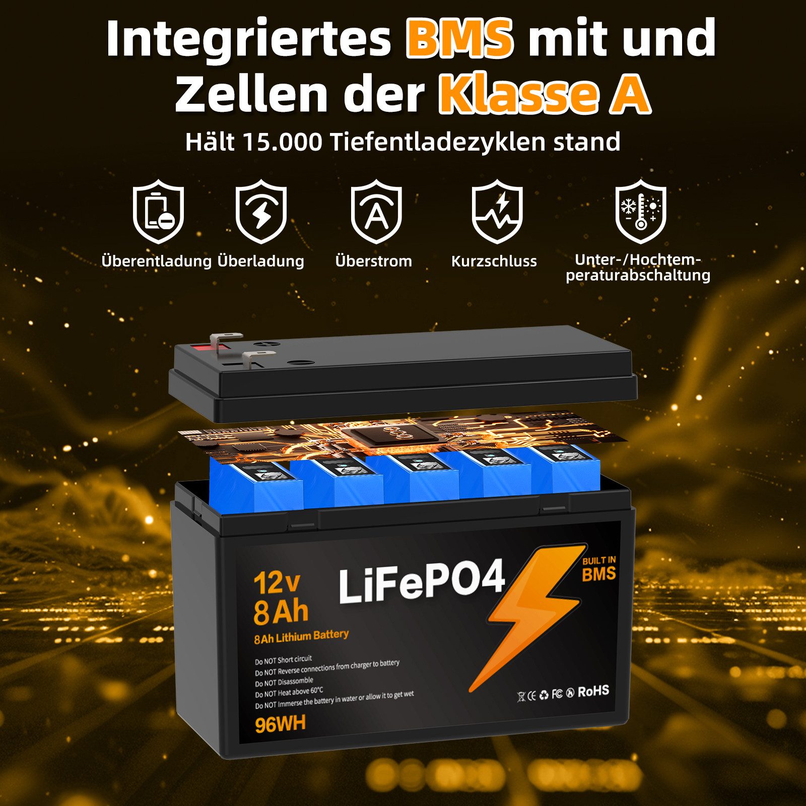 Blossom Akku 12V 8Ah Lithium-Eisenphosphat Akku mit Smart BMS IP67 LiFePO4 Batterie, wasserdicht Lithium Akku 96Wh 3000+ Ladezyklen für Solaranlage Camping – Bild 4 von 5