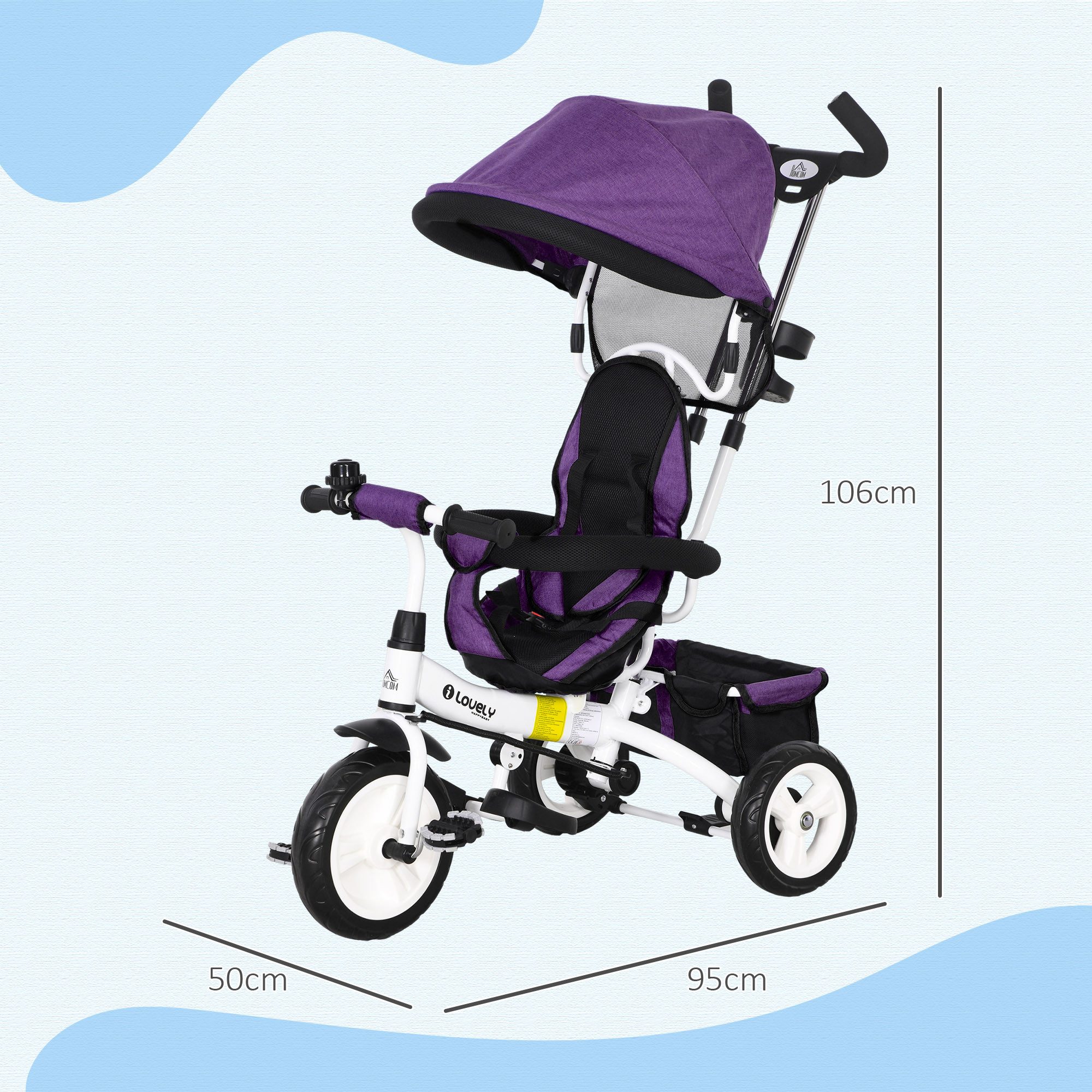 HOMCOM Dreirad 6-in-1 Schubstange, Kinder bis 25kg, Vorwärts und Rückwärtsfahrt, für 12-60 Monate, Violett – Bild 3 von 5