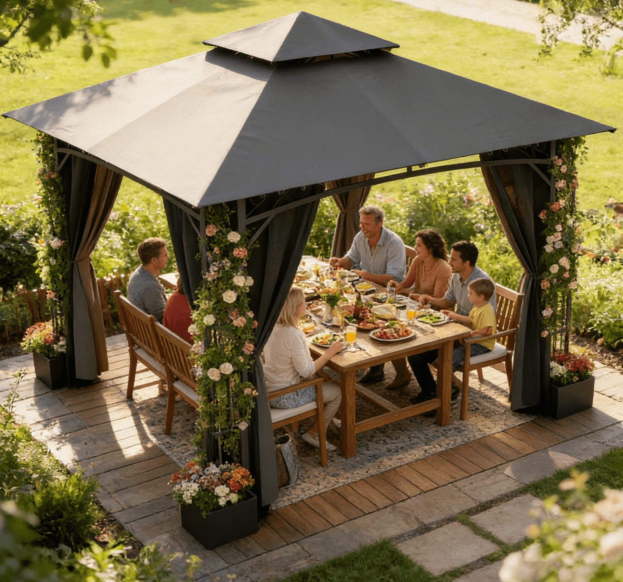 HOMALL Pavillon 3*3 Gartenpavillon mit Blumenkästen und Seitenteilen, UV-Schutz 50+, mit 4 Seitenteilen, (Wasserdicht und UV-Schutz 50+, Tragetasche mit Rollen, höhenverstellbar), Winterfest und wasserdicht gartenzelt, Stabiler Eisenrahmen