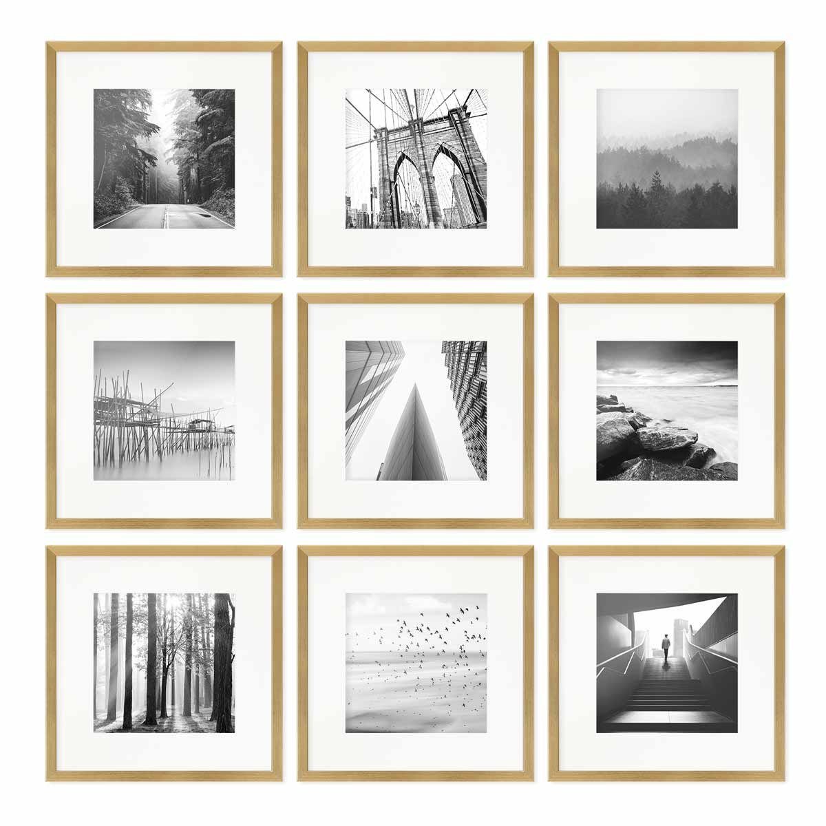 PHOTOLINI Bilderrahmen 9er Set 30x30 Passepartout Modern cm Gold mit Schmal