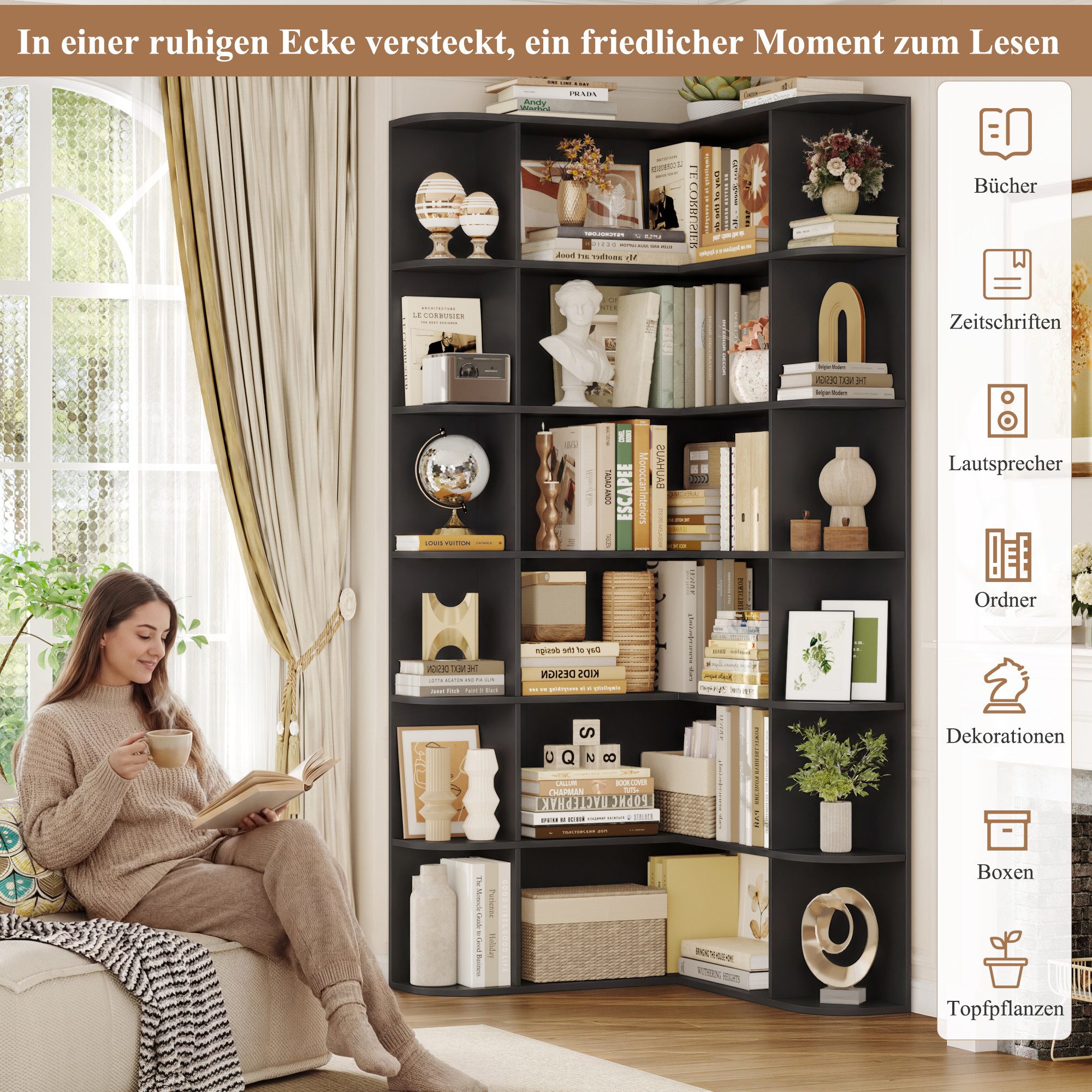 Homfa Bücherregal 185 cm Eckregal Bücherschrank Eckbücherregal, Standregal L-förmiger Eckschrank 80 x 84 x 185 cm, schwarz – Bild 5 von 5
