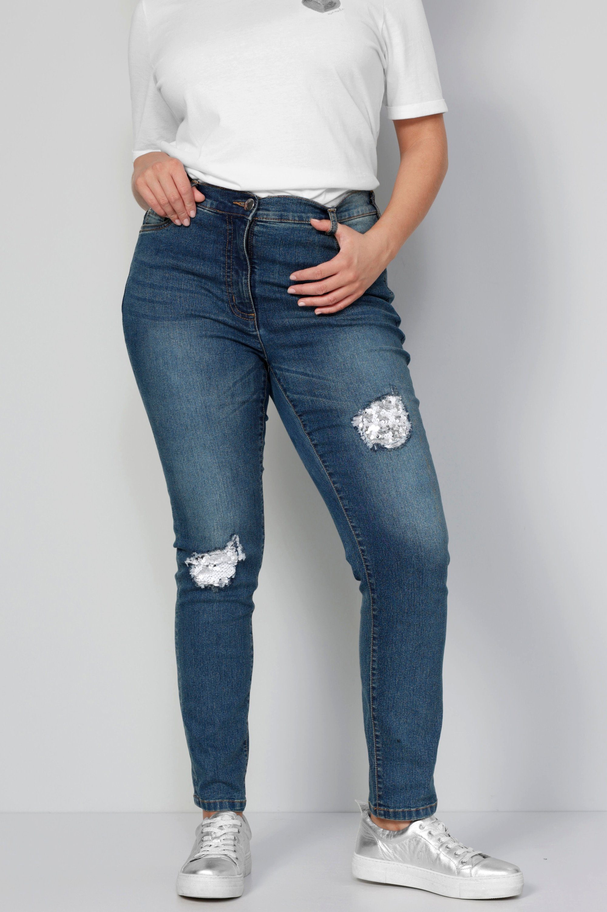 MIAMODA Regular-fit-Jeans Джинсы Slim Fit destroyed mit Pailletten 5-Pocket
