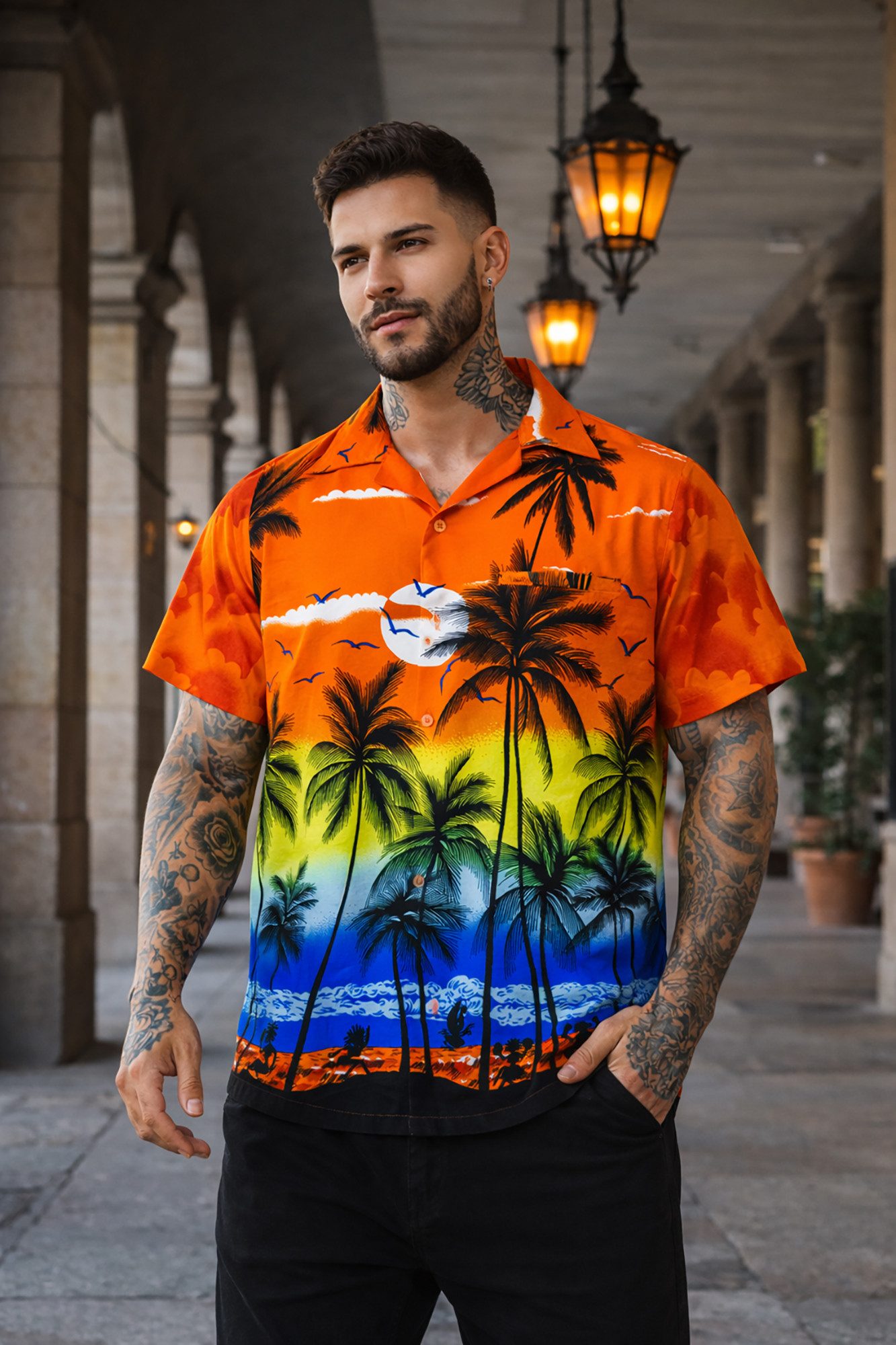 King Kameha Hawaiihemd "Beach" Funky Hawaii-Hemd Herren Kurzarm Front-Tasche Stylish