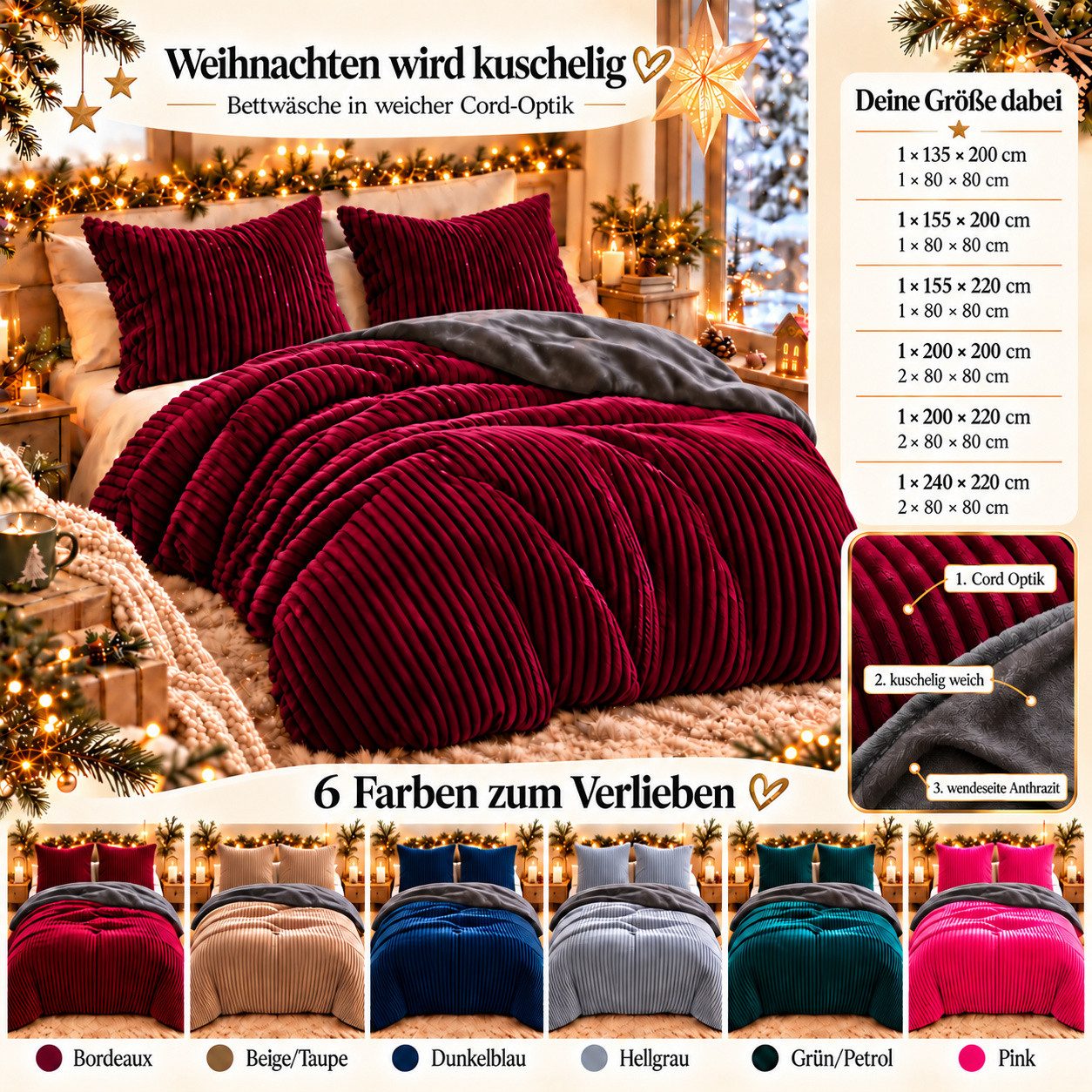 Leonado Vicenti Bettwäsche CORD Optik, Teddy Plüsch, Cashmere Touch, Fleece, 3 teilig, Winter, Wendeseite Anthrazit, flauschig, warm, Nicky-Plüsch – Bild 2 von 5