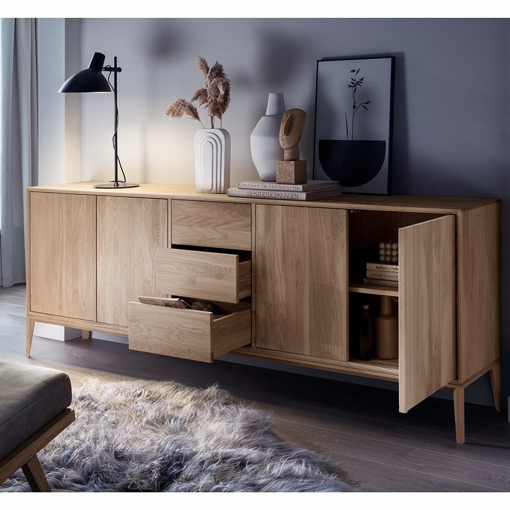 Lomadox Sideboard CUNEO-137, Massivholz Eiche bianco Push-to-open 221,6x81,9x41,5 cm