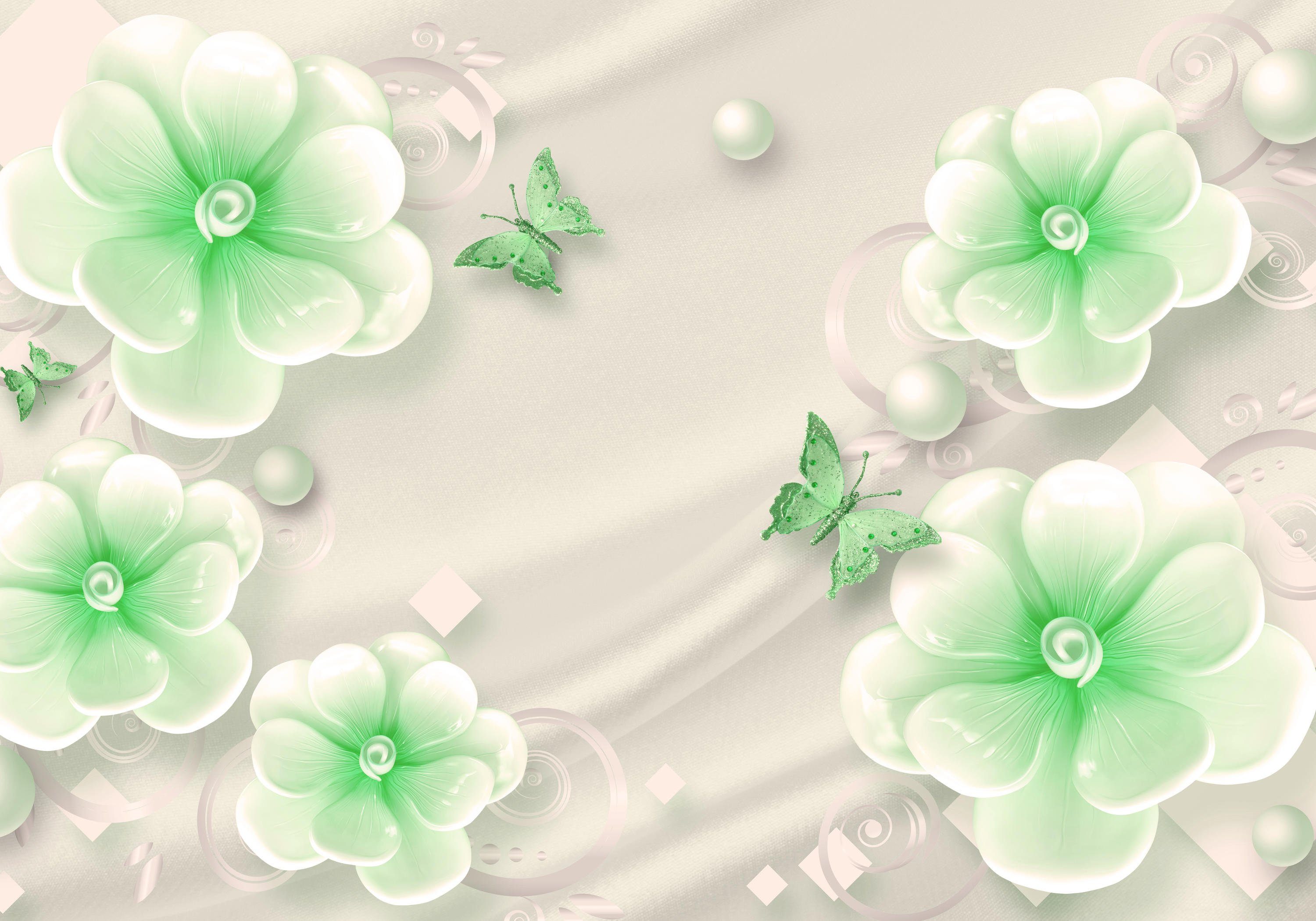 wandmotiv24 Fototapete Grün Blumen Schmetterlinge Seide Perlen, glatt,  Wandtapete, Motivtapete, matt, Vliestapete