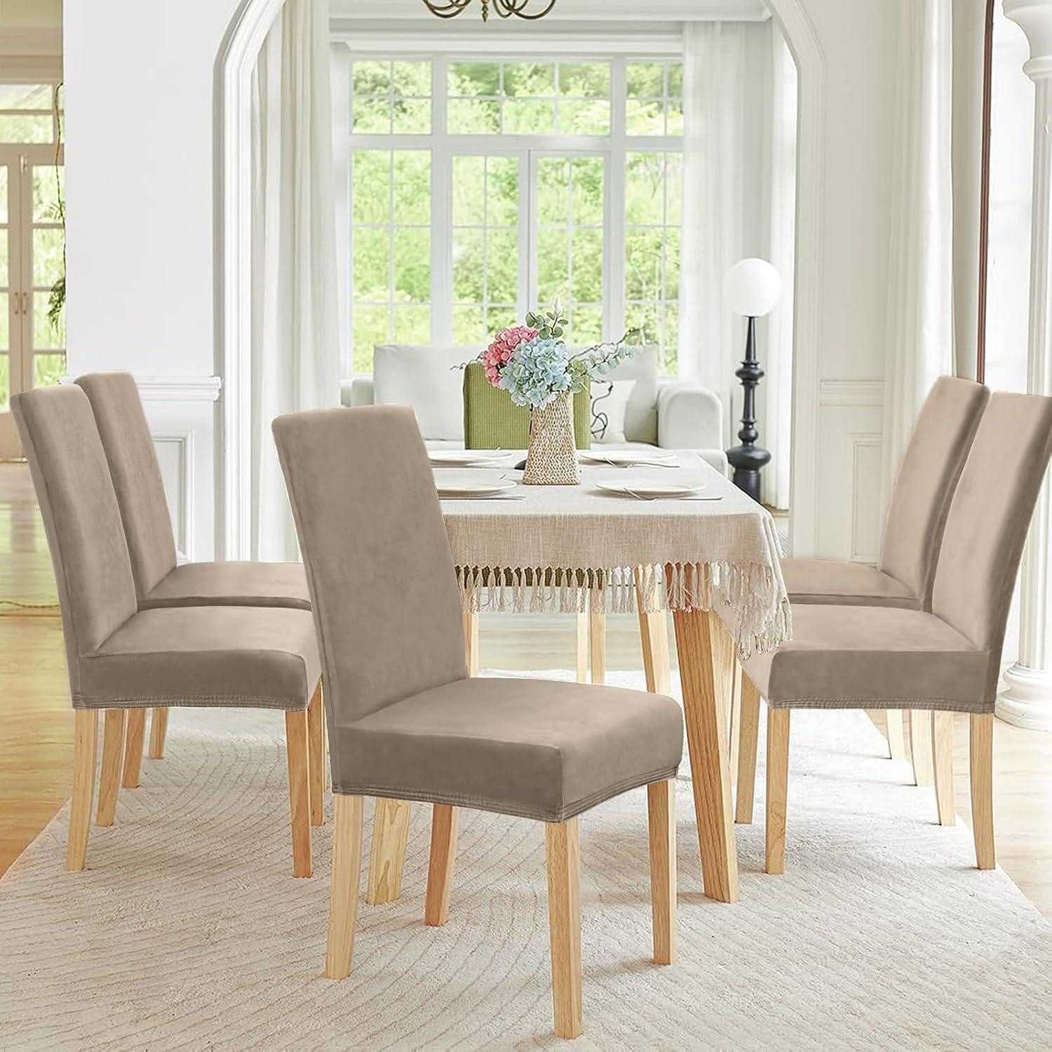 LuxusKollektion Stuhlbezug Stuhlhussen Stretch Samt Waschbar Schwingstuhl 4er Khaki 4 Stück – Bild 2 von 5