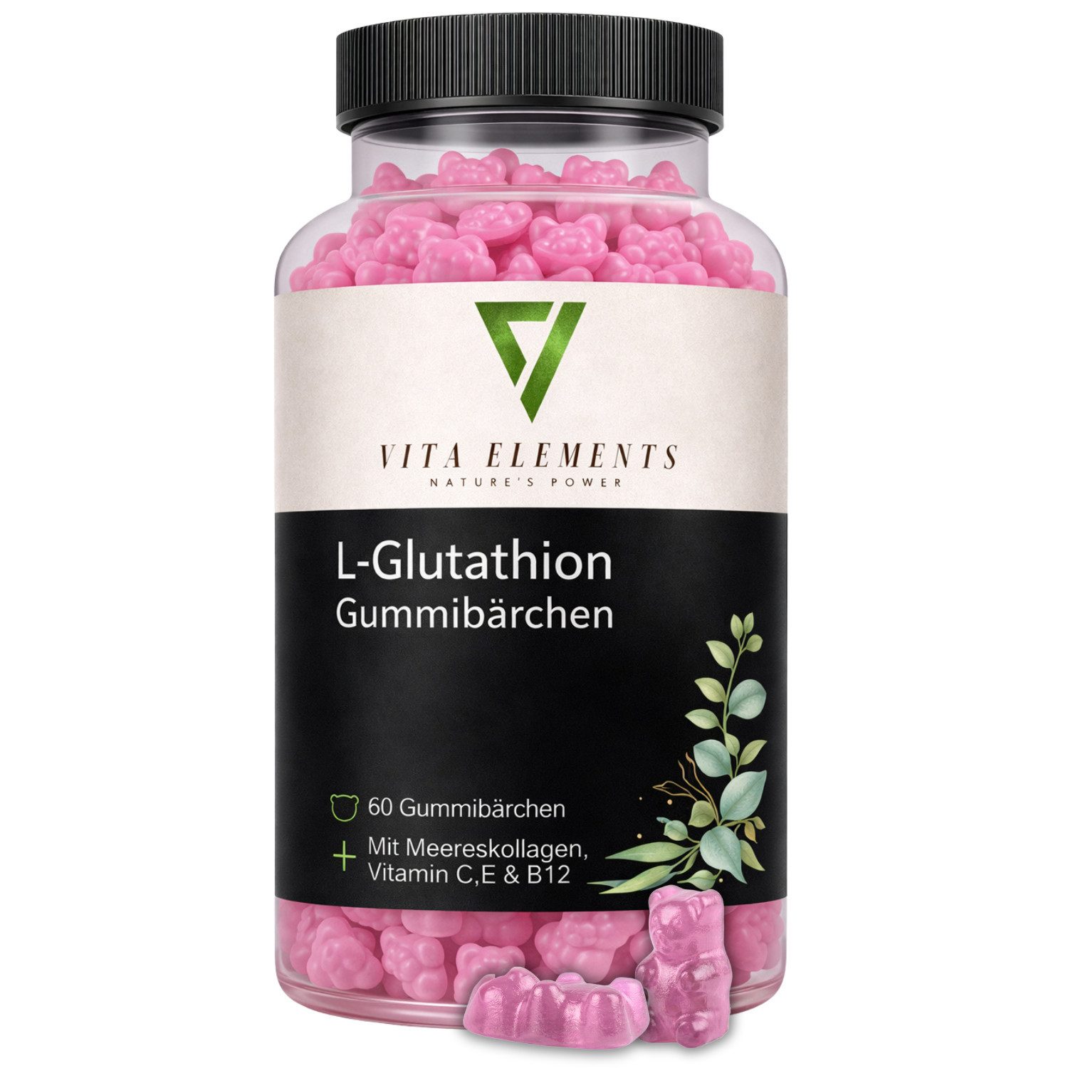 Vita Elements L-Glutathion Gummies - Mit Meereskollagen, Vitamin C, E & B12, 60 Gummibärchen, 1 er Packung à 60 St., Hochdosiert, Ohne unnötige Zusätze, Laborgeprüft in Deutschland