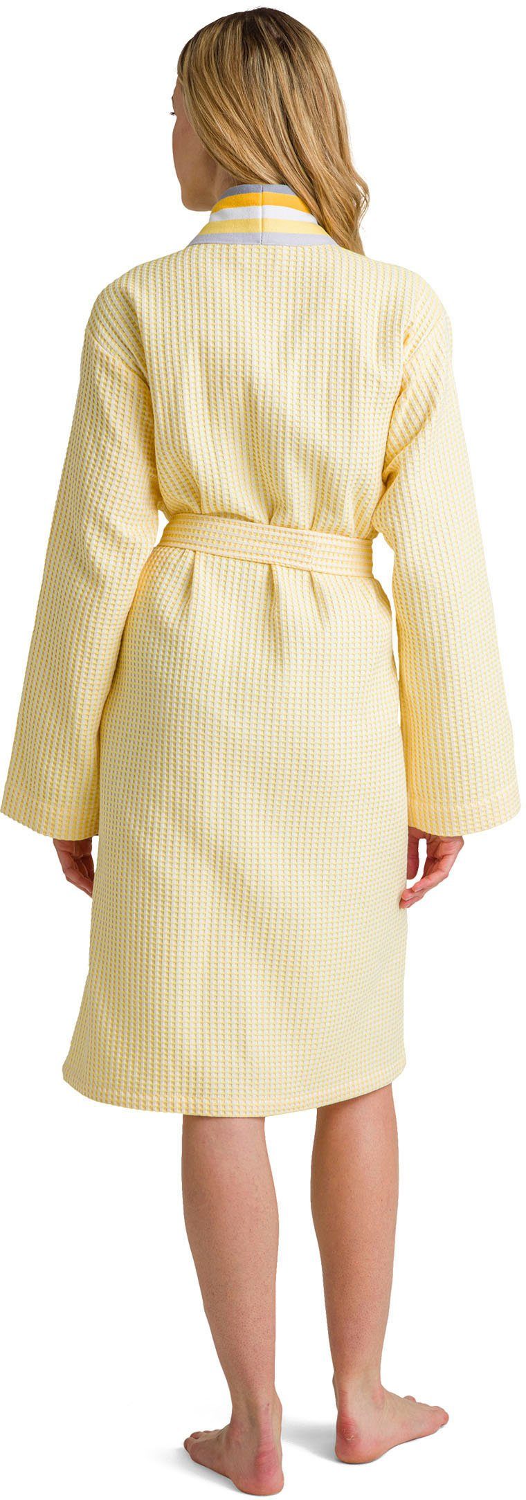 Summer, Kimono-Kragen, mit Waffel-Piquee Unisex-Bademantel Piqué, gelb Kurzform, Möve Gürtel, tollem
