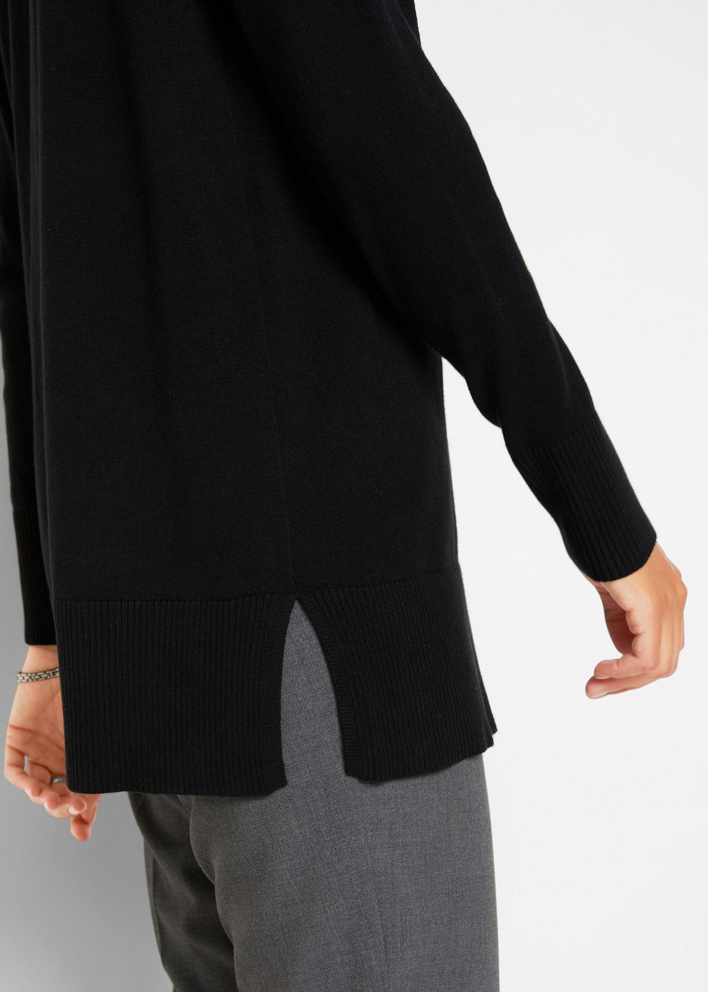 bonprix Longpullover Feinstrick-Baumwollmischung, mit V-Ausschnitt, mit Seitenschlitzen