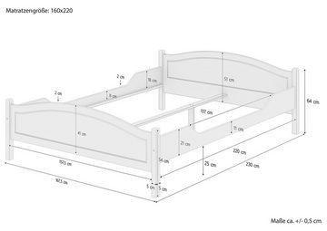 ERST-HOLZ Bett Klassisches Doppelbett in Überlänge 160x220 Kiefer Zubehör wählbar, Kieferfarblos lackiert