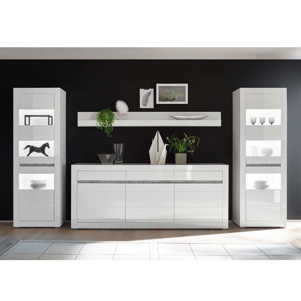 Lomadox Wohnwand COGO-61, (2-St), mit Vitrinen inkl. LED und Sideboard in weiß Hochglanz 369x198x42cm