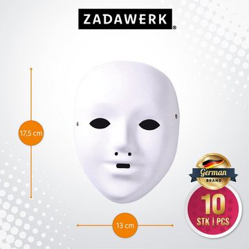 ZADAWERK Verkleidungsmaske Maske - Weiß, (aus Pappmaché, 10-tlg., Kind), Rohling mit Gummiband zum Anmalen und Bekleben