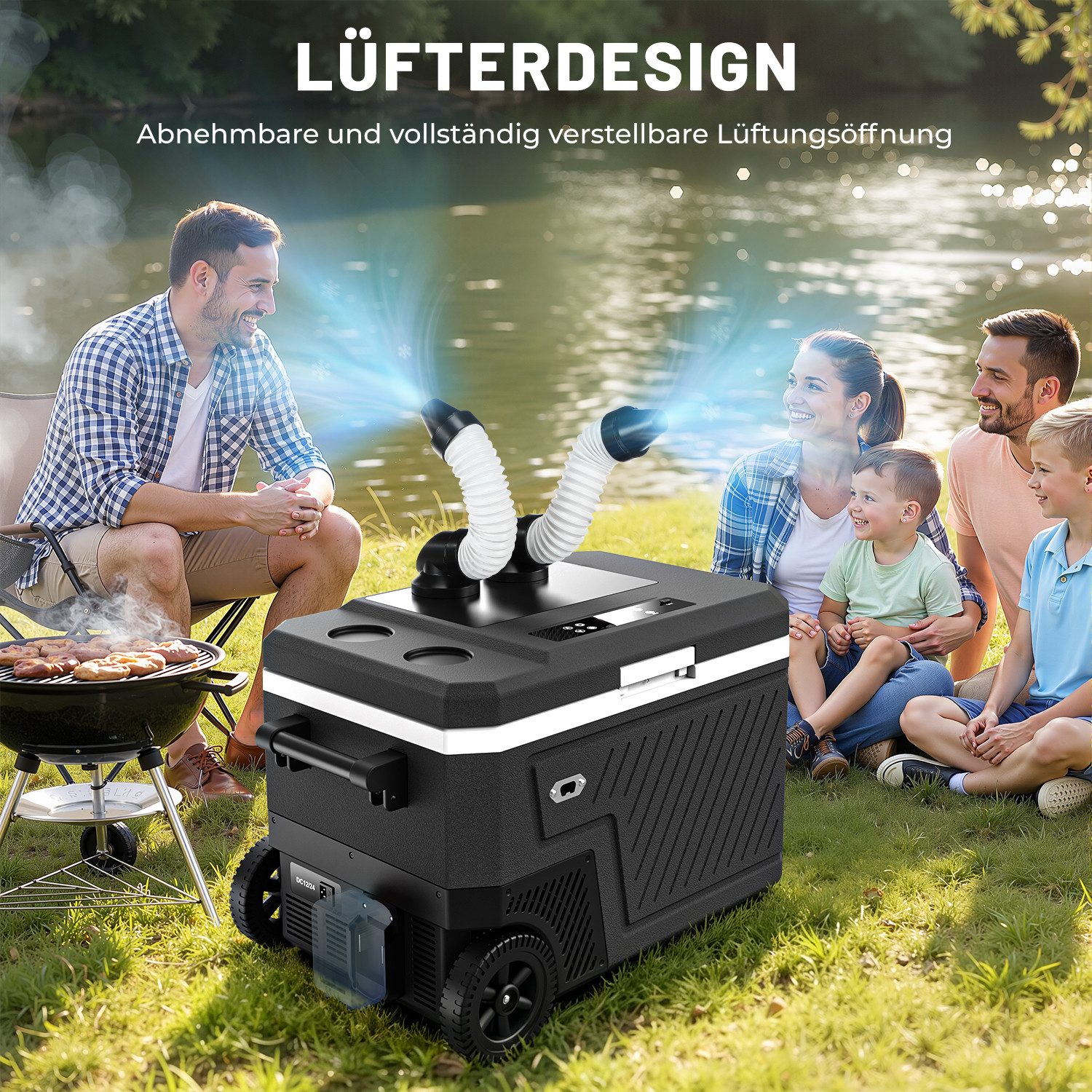 oyajia Elektrische Kühlbox Kompressor Kühlbox mit Luftkühlfunktion, bis -20℃, 12V/24V 230V,Type-C, 45 l, Tragbarer Outdoor Kühlschrank mit Rädern & Griff, Batterieanschluss
