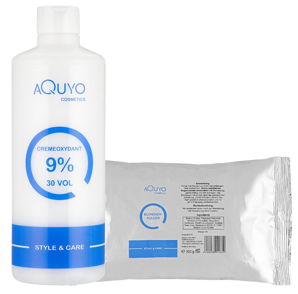 AQUYO Cosmetics Haarfarbe Style & Care Blondierpulver 500g + Creme Oxydant Entwickler 9%, Set