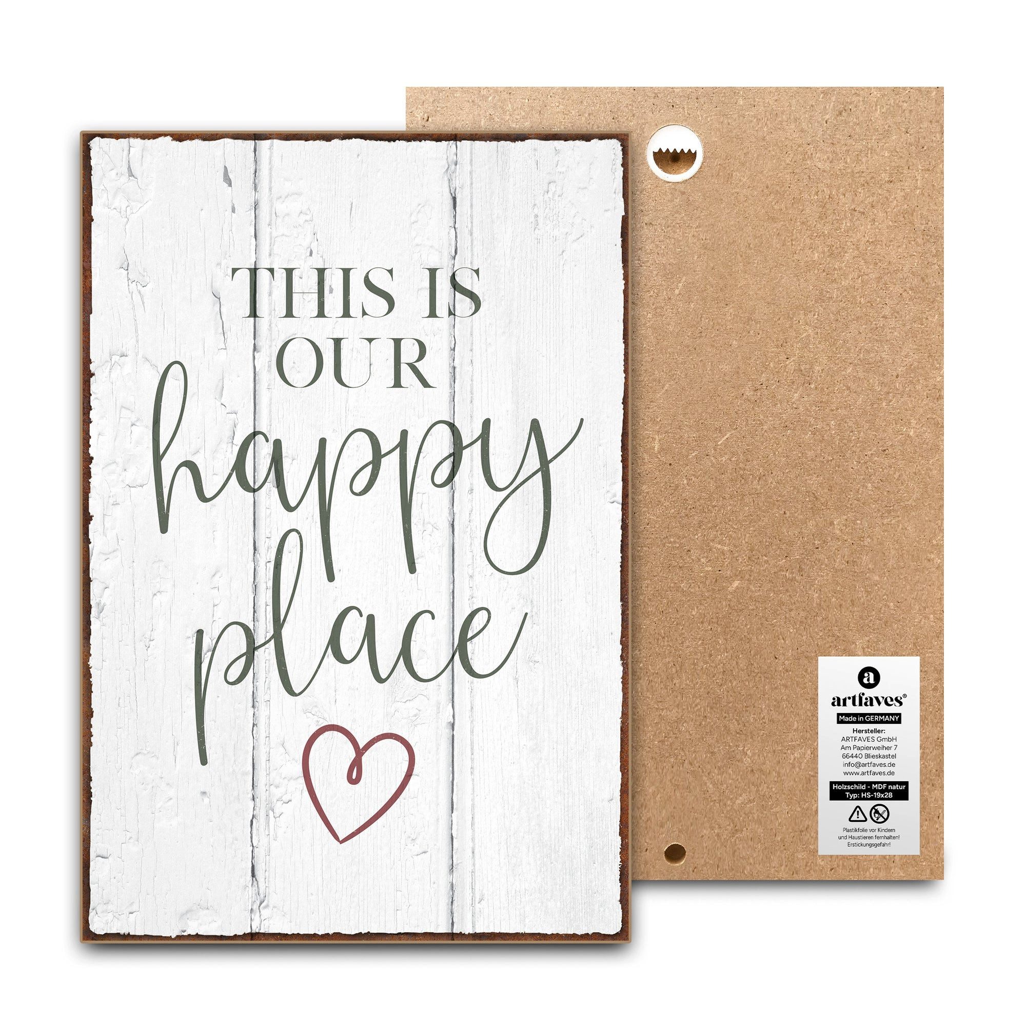 ARTFAVES Holzbild Schild mit Spruch - This is our happy place - Zuhause, Wohnung, Liebli