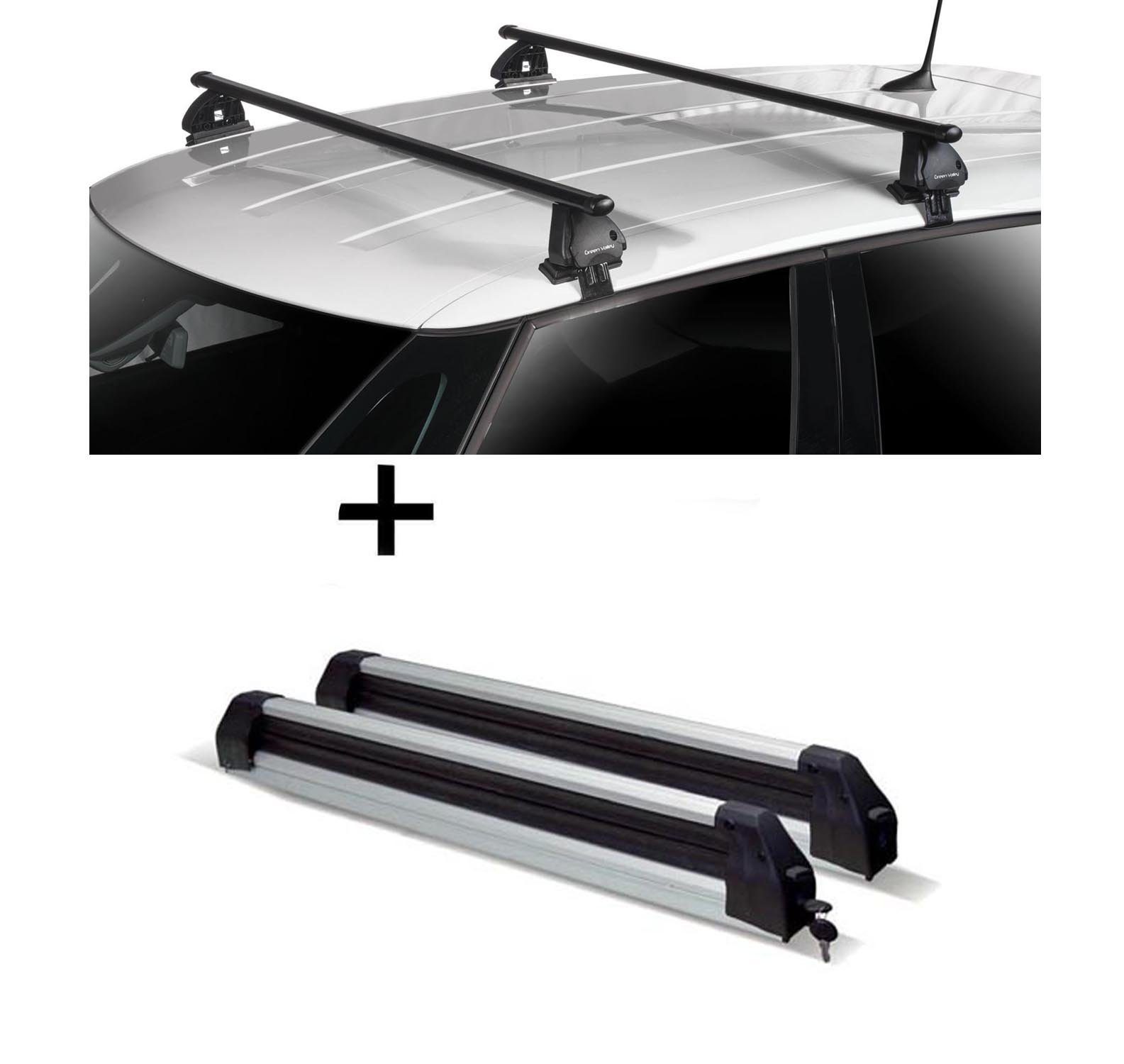 VDP Dachträger, Skiträger Silver Ice ausziehbar + Dachträger VDP EVO Stahl kompatibel mit Peugeot 208 5 Türer 2012-2019