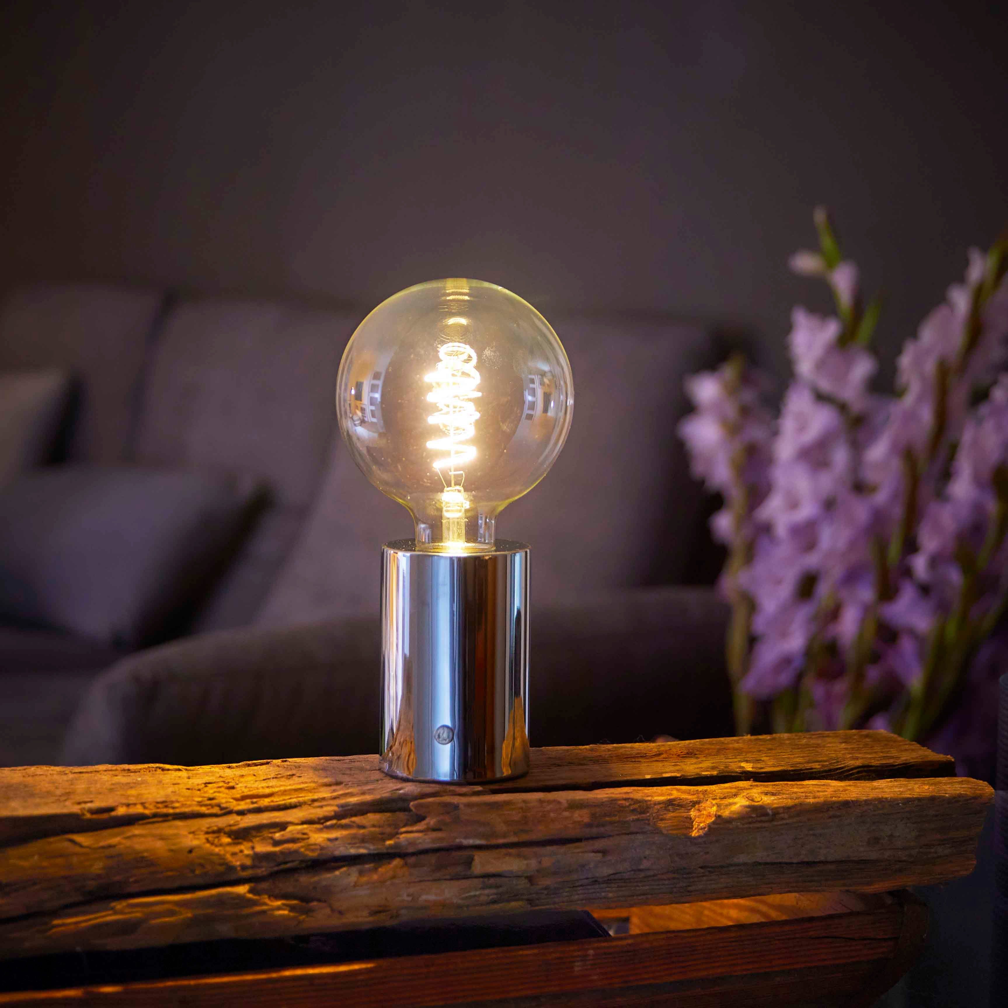 Tischlampe Glühdraht LED klare Nachttischlampe Edison mit Tischleuchte Birne Chrom Glühbirne Northpoint Akku