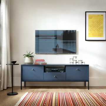 Lomadox Lowboard MALAGA-160, Fernsehschrank in marineblau, Fußgestell schwarz, goldene Griffe