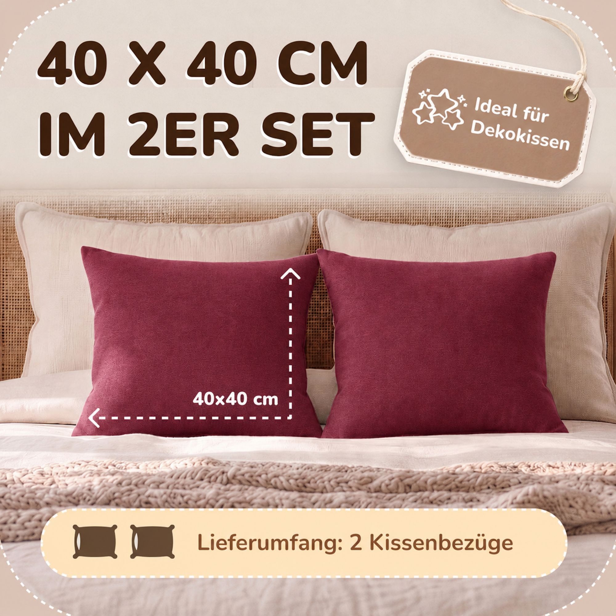 leevitex® Kissenbezüge Kissenbezug 40 x 40 cm, 2er Set, Weinrot/Bordeaux, (2 Stück), feine Jersey-Qualität, 100% Baumwolle, robuster Reißverschluss