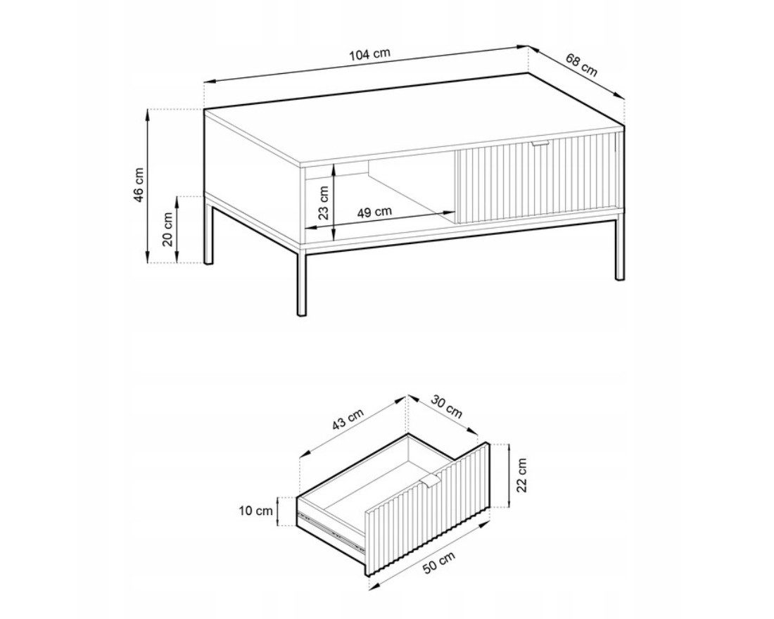 Deine Möbel 24 Couchtisch NOVO L104 Tisch Weiß Grau Schwarz Premium (Set, 5-St., Wohnzimmer Flur Schlafzimmer Goldene Griffe), geriffelte Fronten 104 cm breit mit Schublade 104/48/68 cm B/H/T